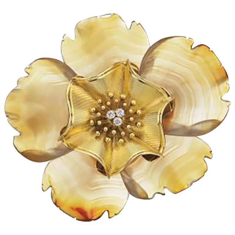 Bulgari Large Agate Diamond Flower Brooch For Sale