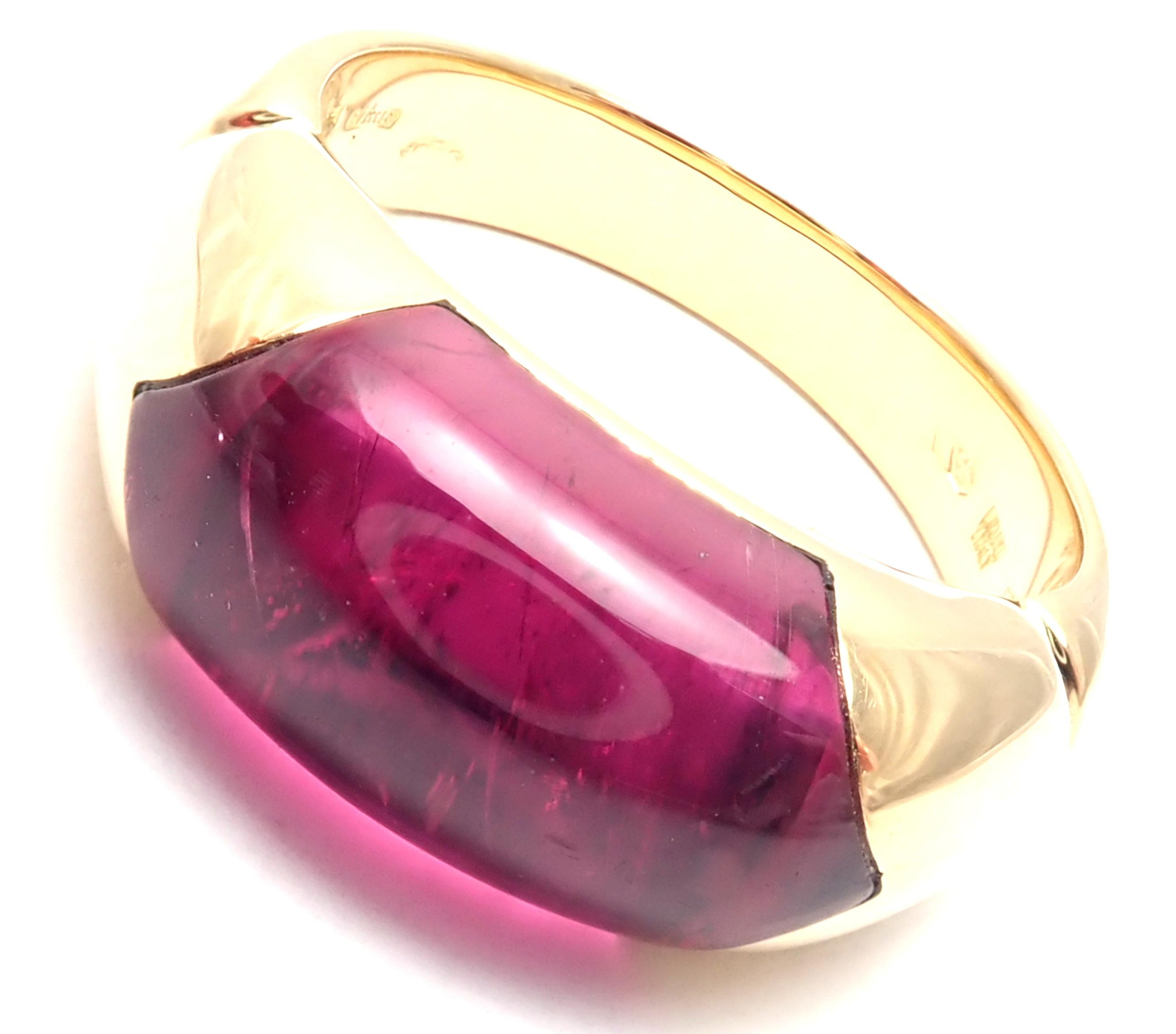 18k Yellow Gold Pink Tourmaline Ring by Bulgari. 
With 1 pink tourmaline 15mm x 7mm
Details:  
Ring Size: 6 
Width:  8mm 
Weight: 8.6 grams
Stamped Hallmarks: Bvlgari 750 Made in Italy 
*Free Shipping within the United States*  
YOUR PRICE: