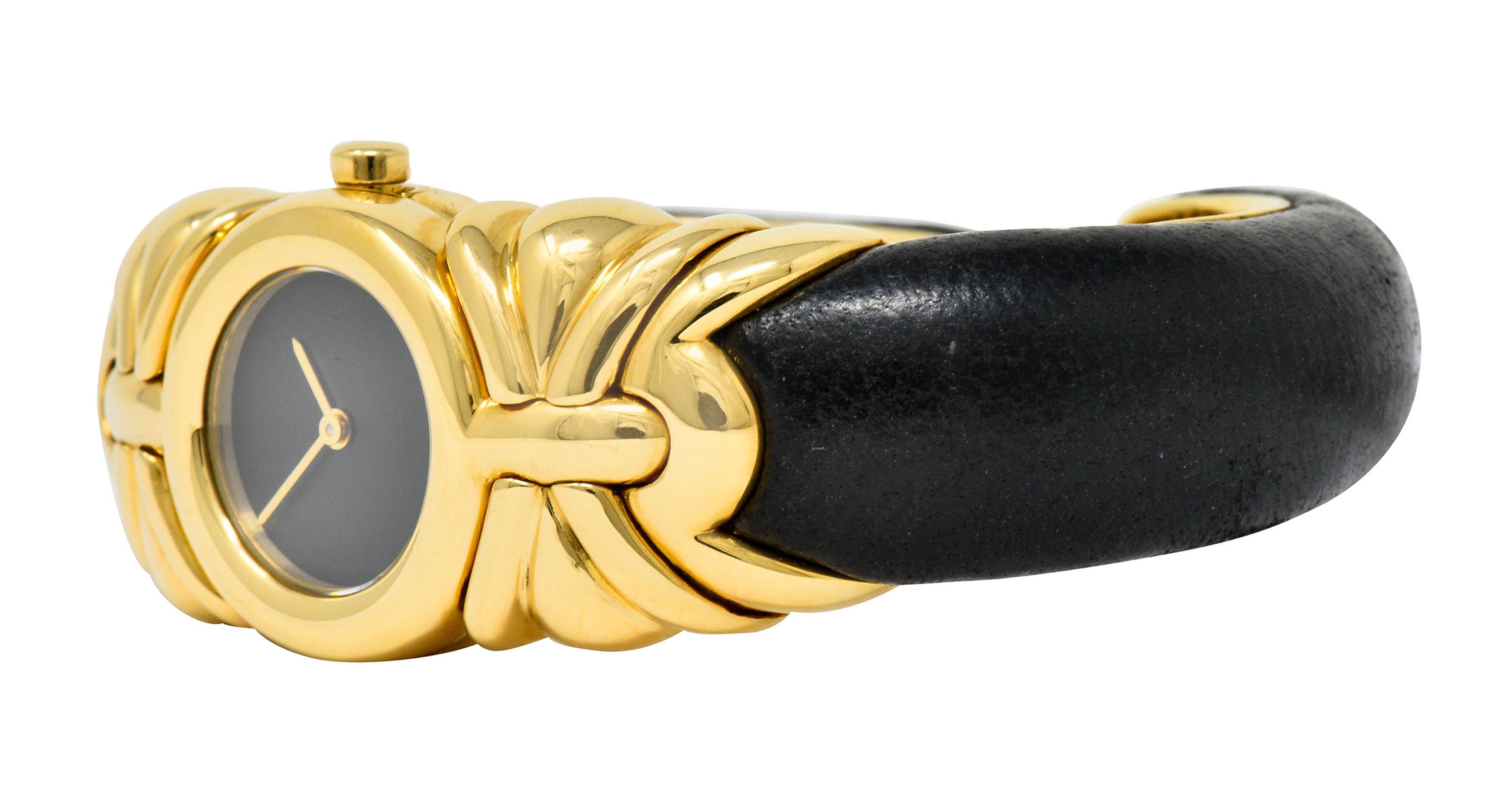 Bulgari Leather 18 Karat Yellow Gold Antalya Cuff Watch Bracelet 1