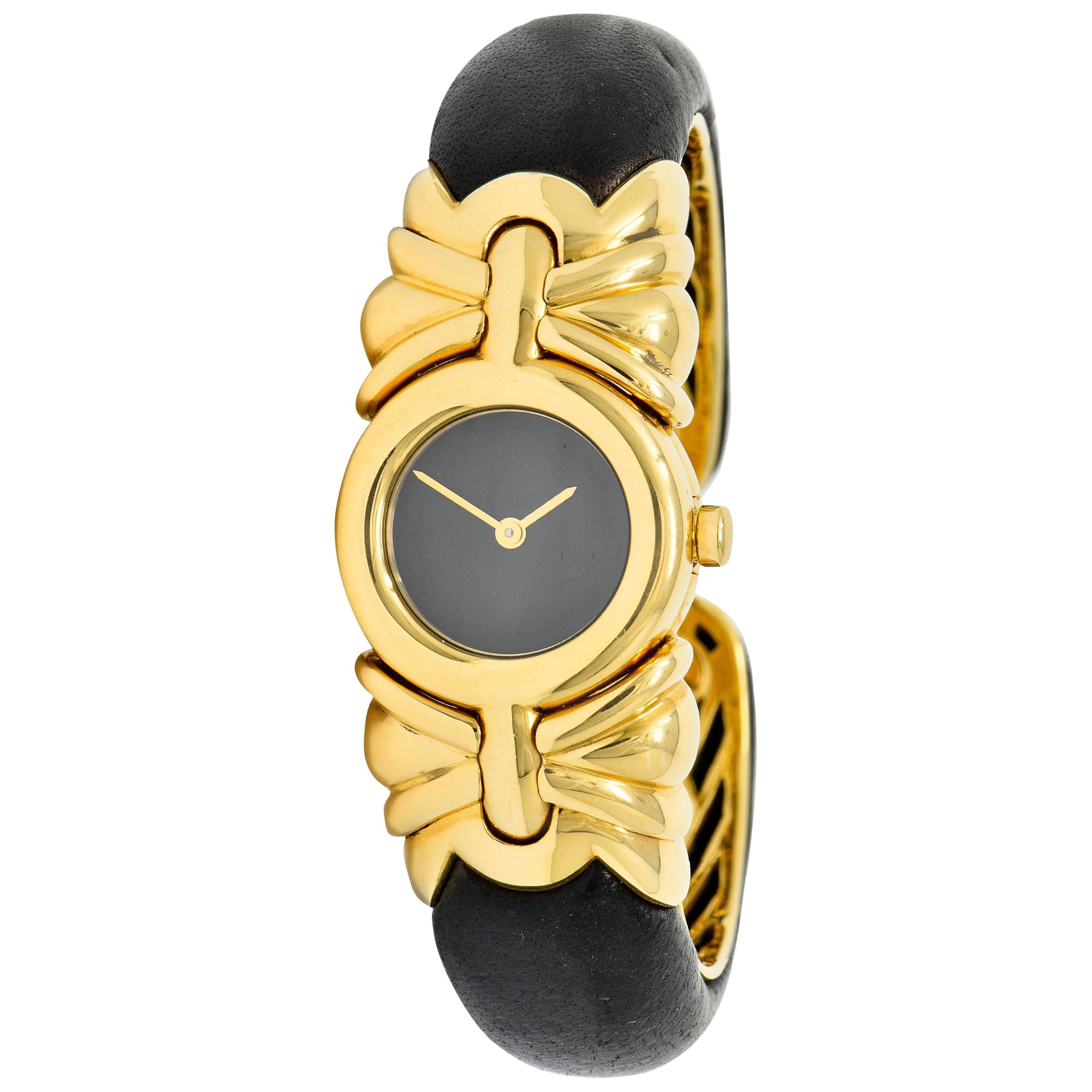 Bulgari Leather 18 Karat Yellow Gold Antalya Cuff Watch Bracelet