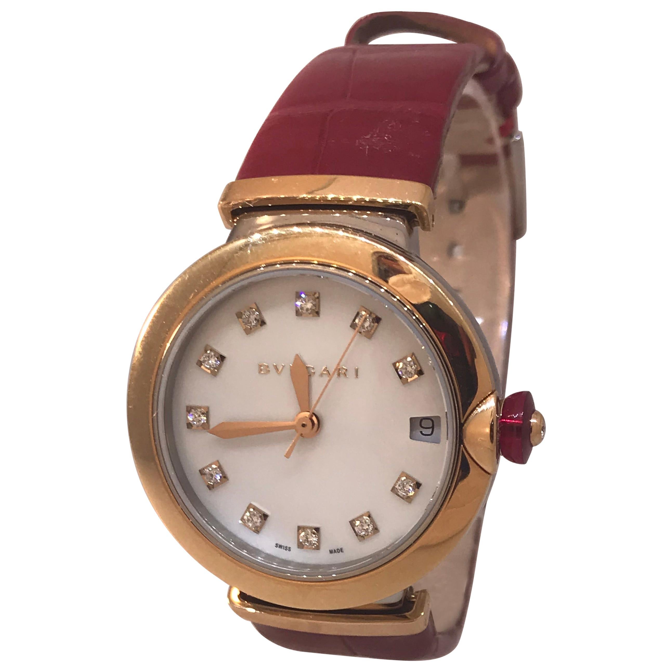 Bulgari Lucea Rose Gold and Stainless Diamond Leather Band Ladies Watch 102639 For Sale