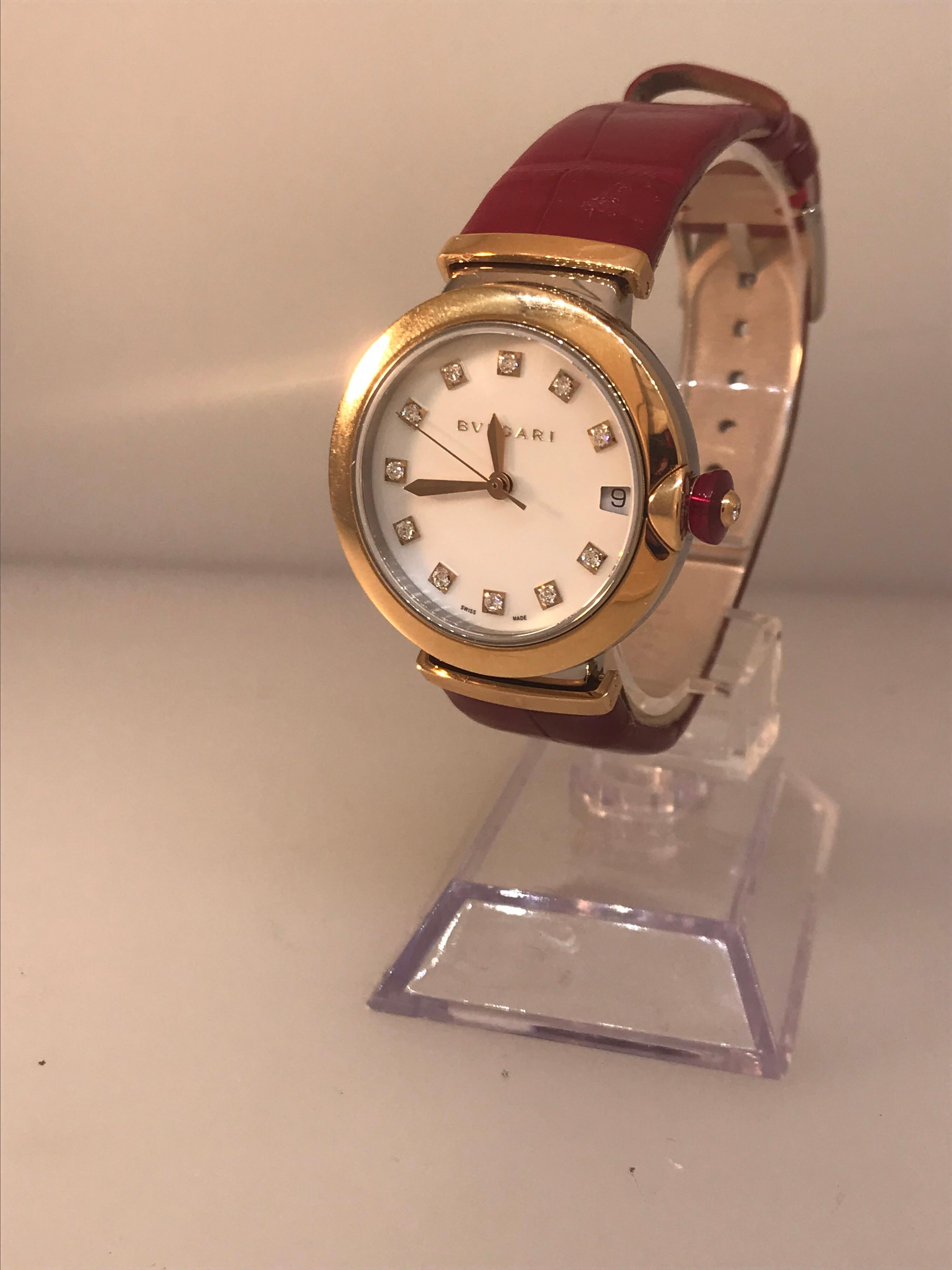 Bulgari Lucea Dream Ladies Watch

Model Number: 102639

100% Authentic

Brand New

Comes with original Bulgari box and papers

18 Karat Rose Gold and Stainless Steel Case 

White Mother of Pearl Dial  

Diamond Hour Markers

Date Display at 3

Case