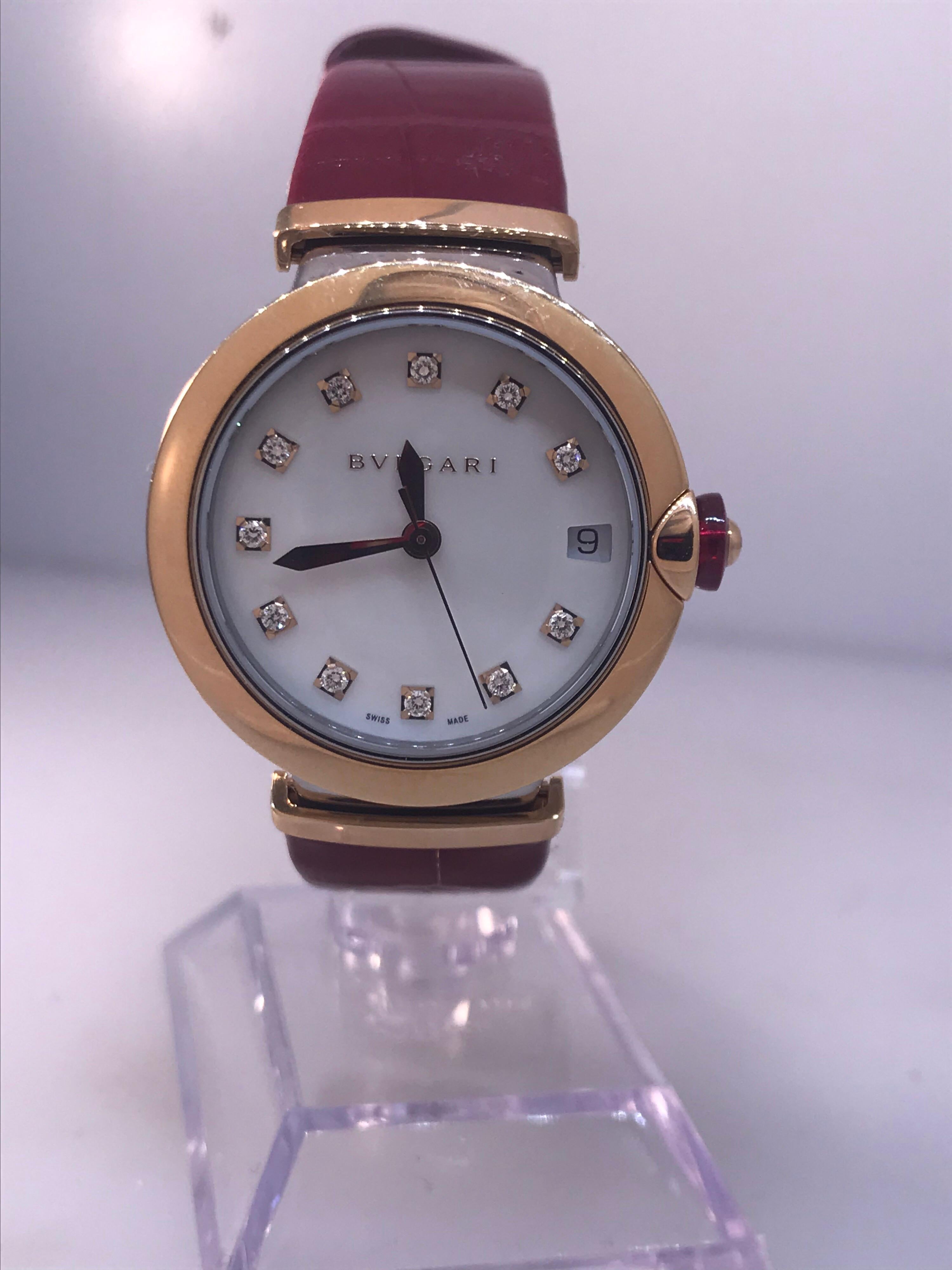 Bulgari Lucea Rose Gold and Stainless Diamond Leather Band Ladies Watch 102639 In New Condition For Sale In New York, NY