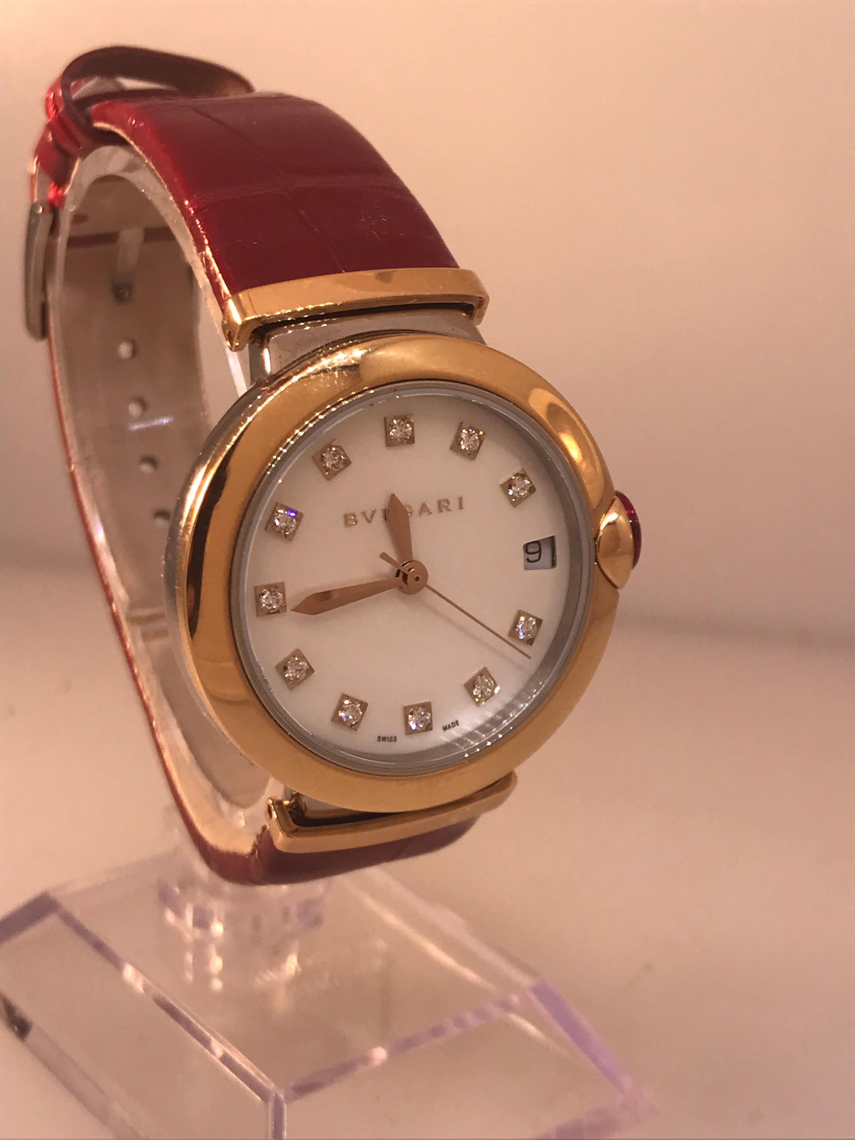 Bulgari Lucea Rose Gold and Stainless Diamond Leather Band Ladies Watch 102639 For Sale 2