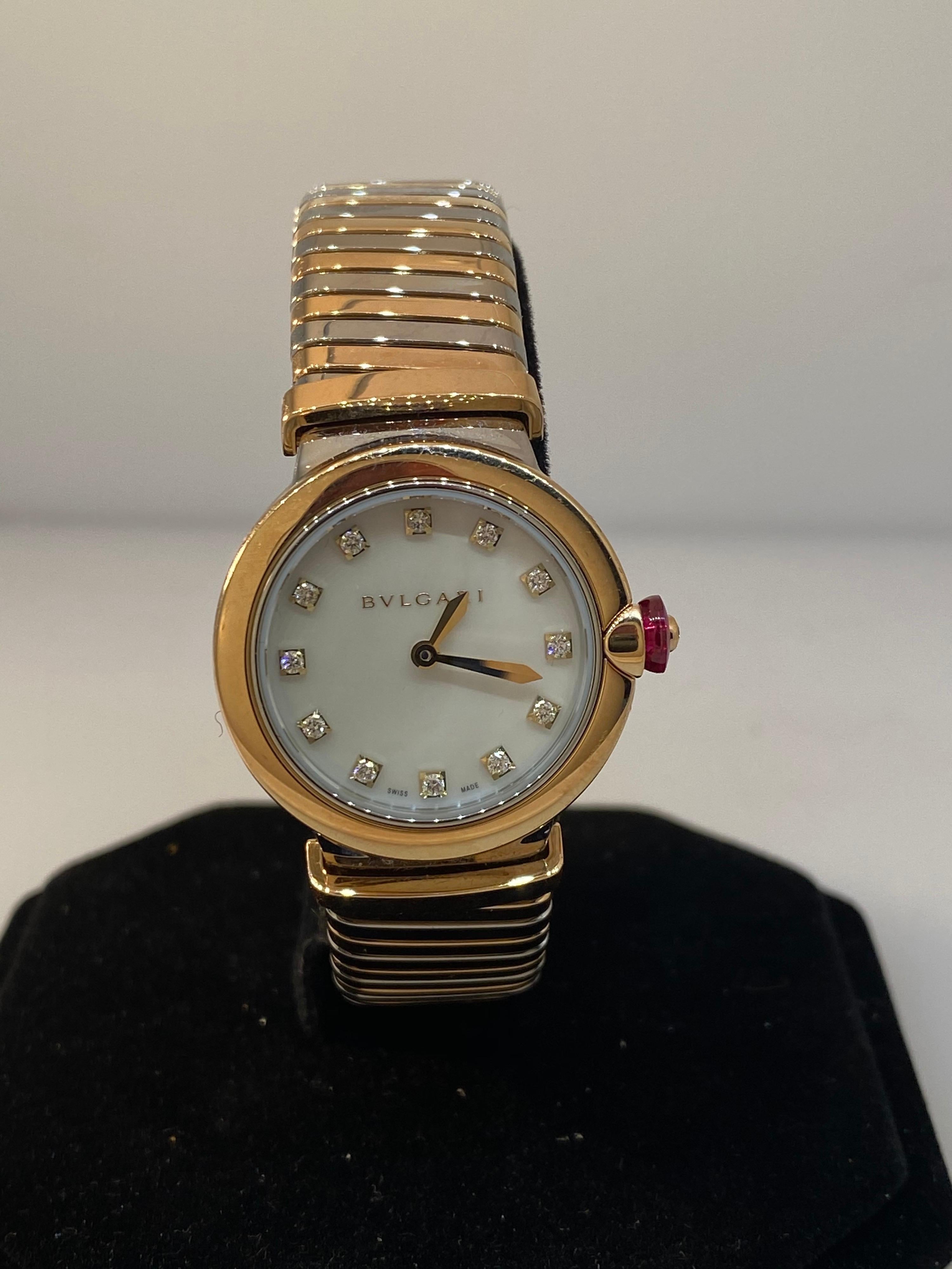 Bulgari Lucea Tubogas Rose Gold & Stainless Diamond Bracelet Ladies Watch 102952 In New Condition For Sale In New York, NY