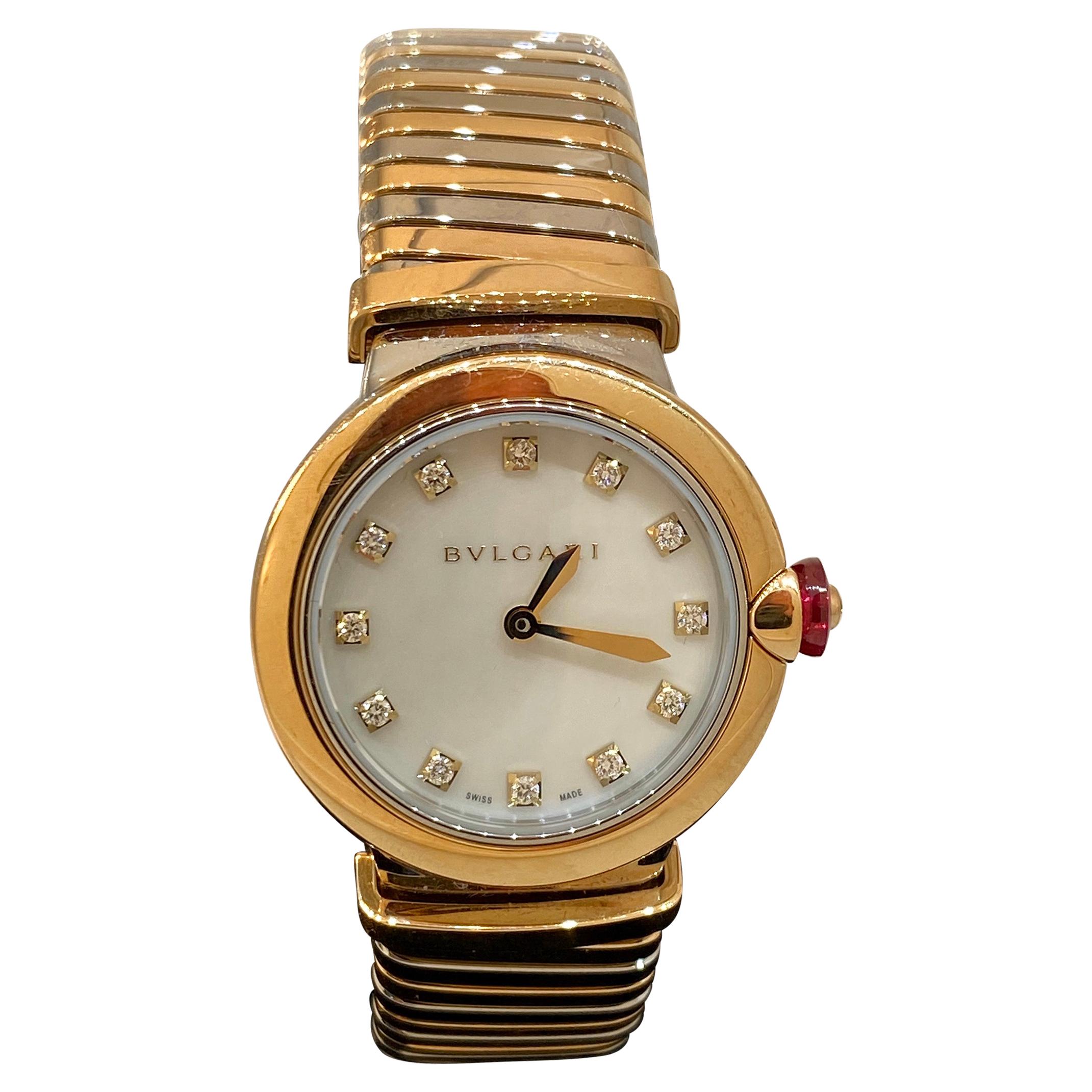 Bulgari Lucea Tubogas Rose Gold & Stainless Diamond Bracelet Ladies Watch 102952 For Sale
