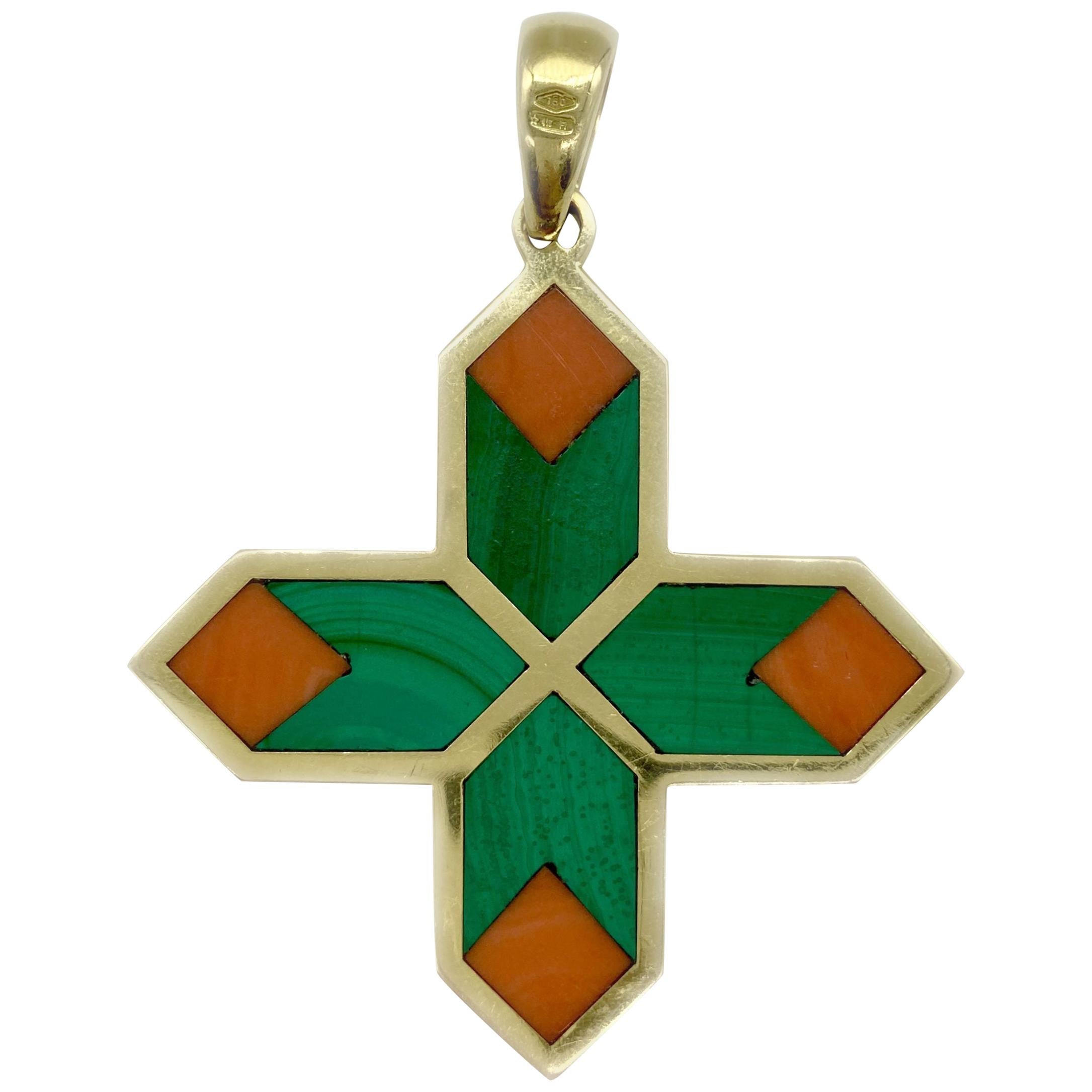 Bulgari Malachite and Coral Cross Pendant-Necklace