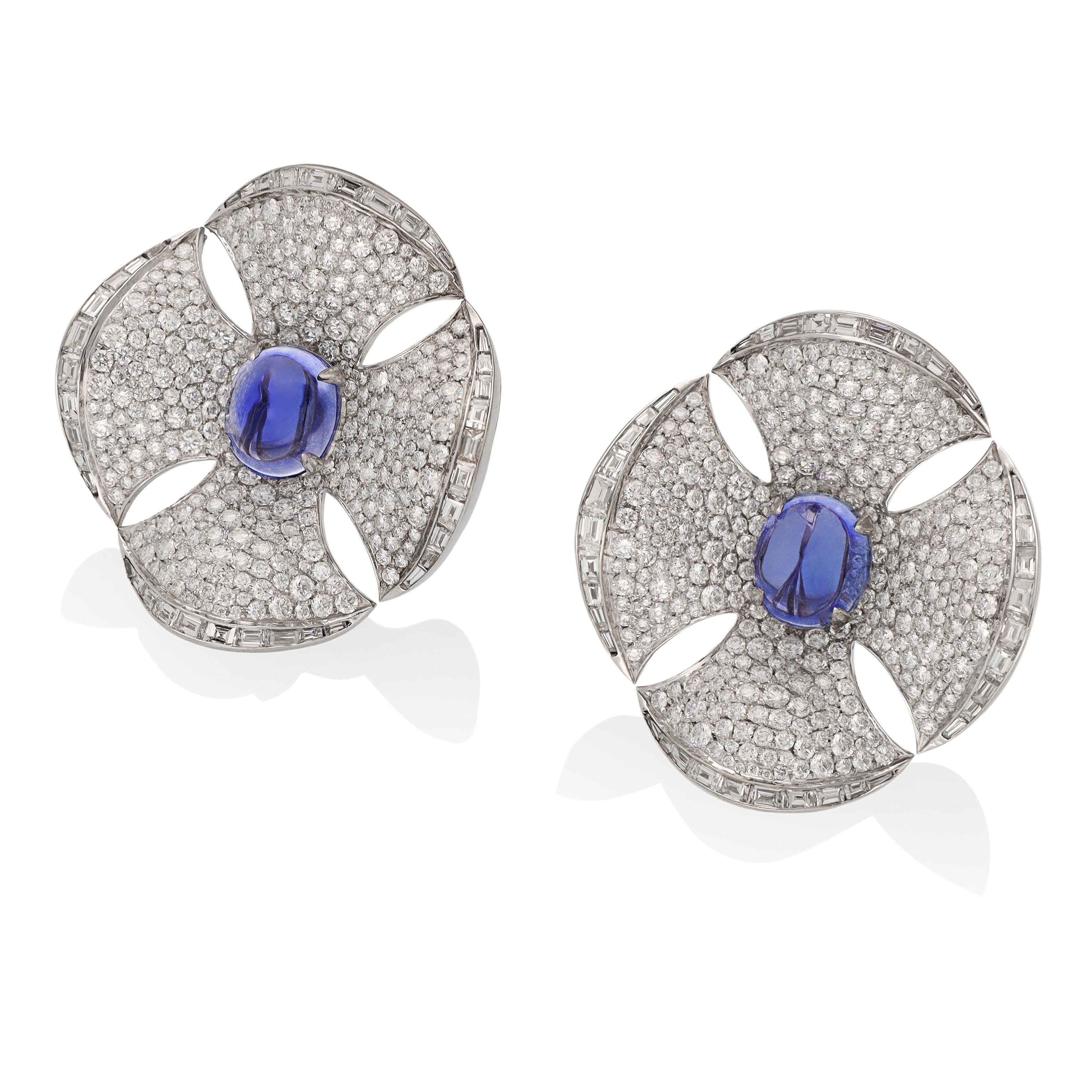 BULGARI Maltese Flower Cabochon Sapphire Ear Clips In Excellent Condition For Sale In New York, NY