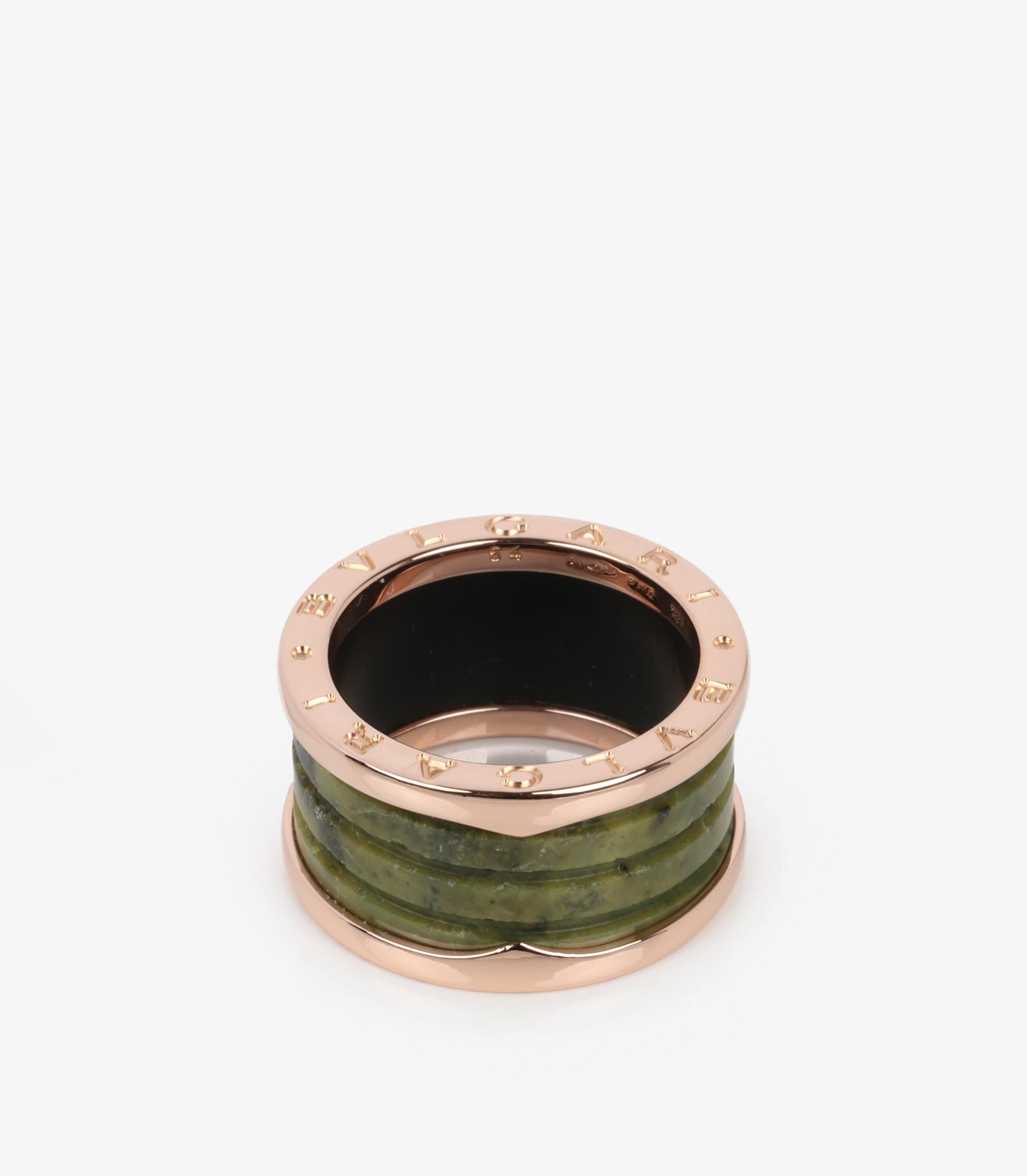 Bulgari Marble 18ct Rose Gold B.Zero1 Ring

Brand-Bulgari
Model- Marble B.zero1 Ring
Product Type- Ring
Serial Number- AY****
Age- Circa 2012
Accompanied By- Bulgari Box, Certificate, Receipt
Material(s)- 18ct Rose Gold
Gemstone- Marble
UK Ring