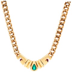 Bulgari Marquise Emerald Cabochon Ruby 18 Karat Gold Chain Necklace