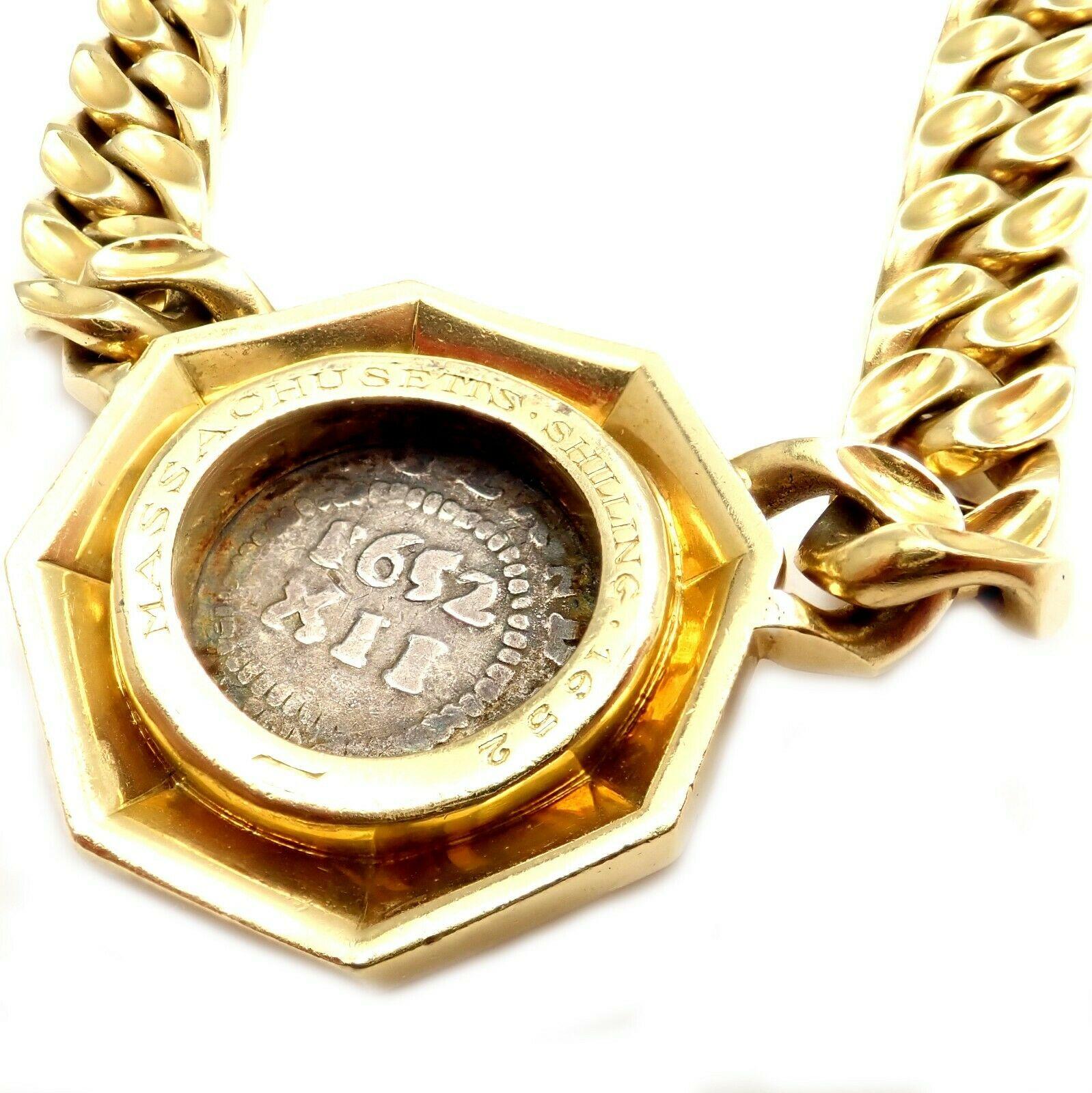 Bulgari Massachusetts Pine Tree Silver Shilling Coin circa 1692 Link Necklace In Excellent Condition In Holland, PA
