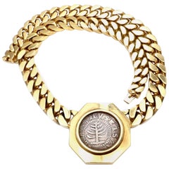 Bulgari Massachusetts Pine Tree Silver Shilling Coin circa 1692 Link Necklace