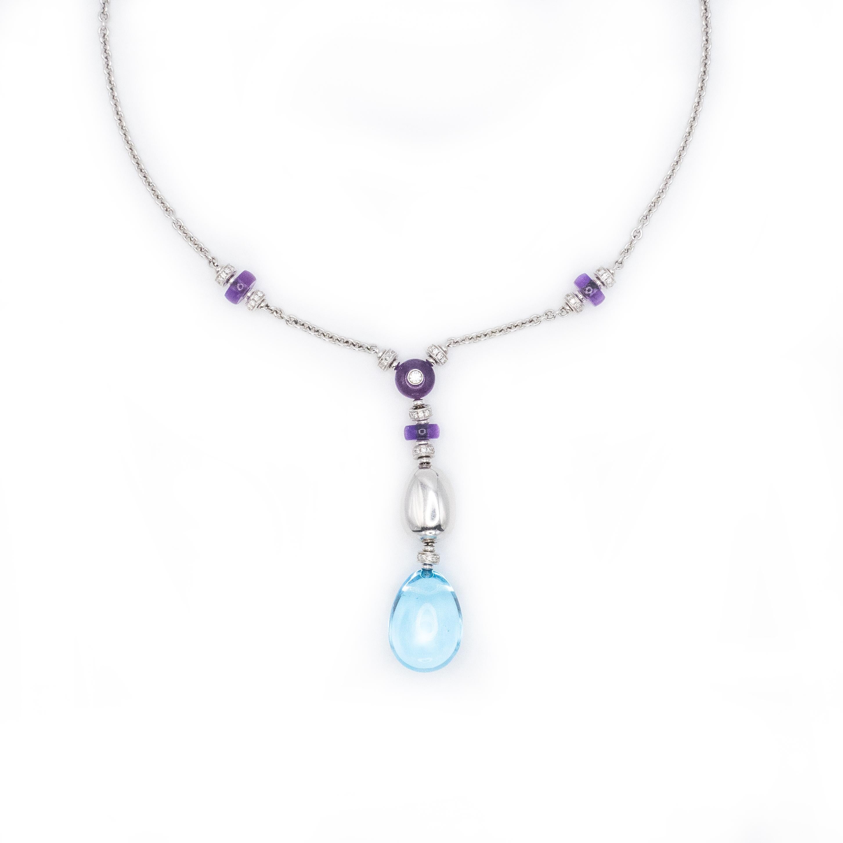 Modern BULGARI Mediterranean Eden 18K WG Diamond Topaz Drop Pendant Necklace For Sale