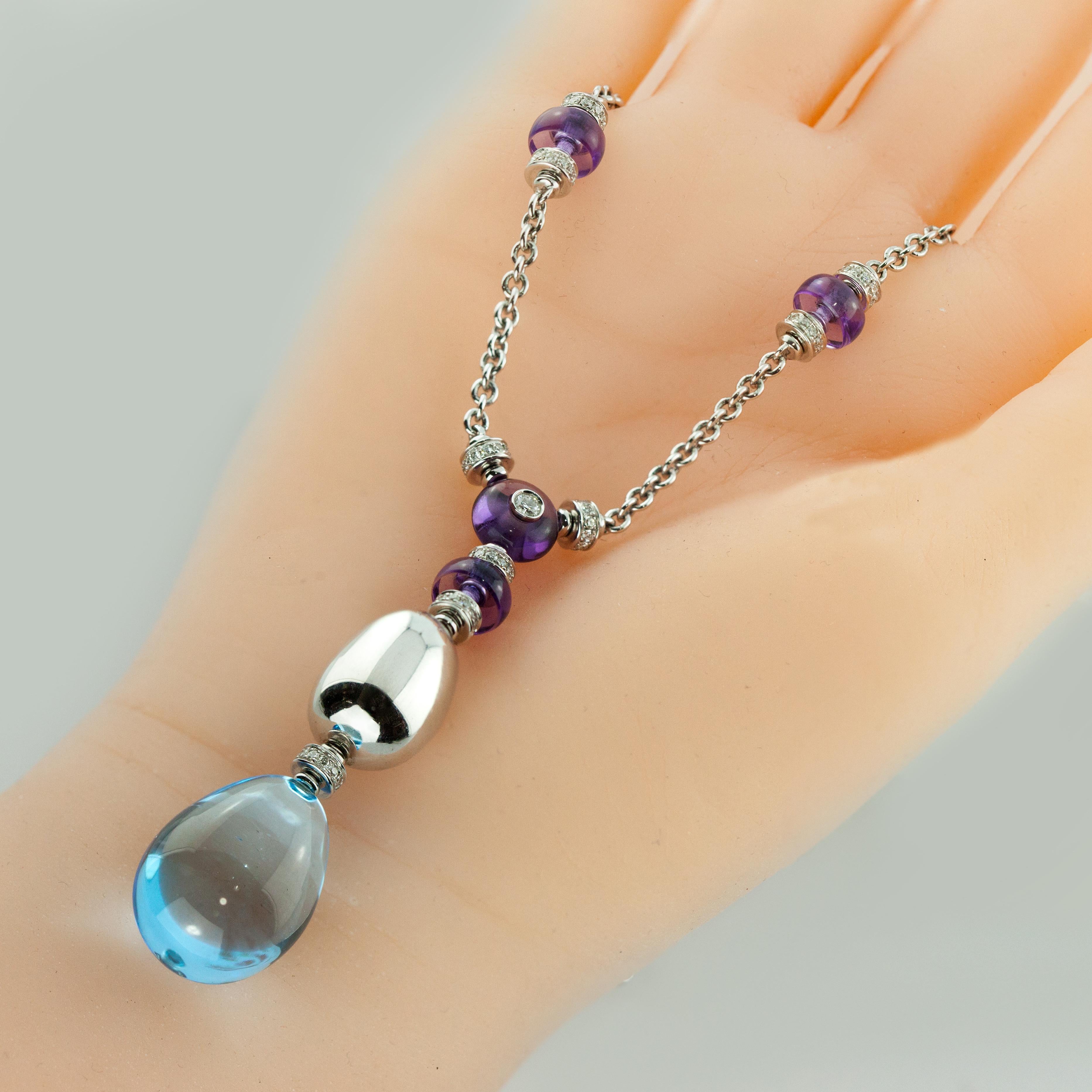 Brilliant Cut BULGARI Mediterranean Eden 18K WG Diamond Topaz Drop Pendant Necklace For Sale