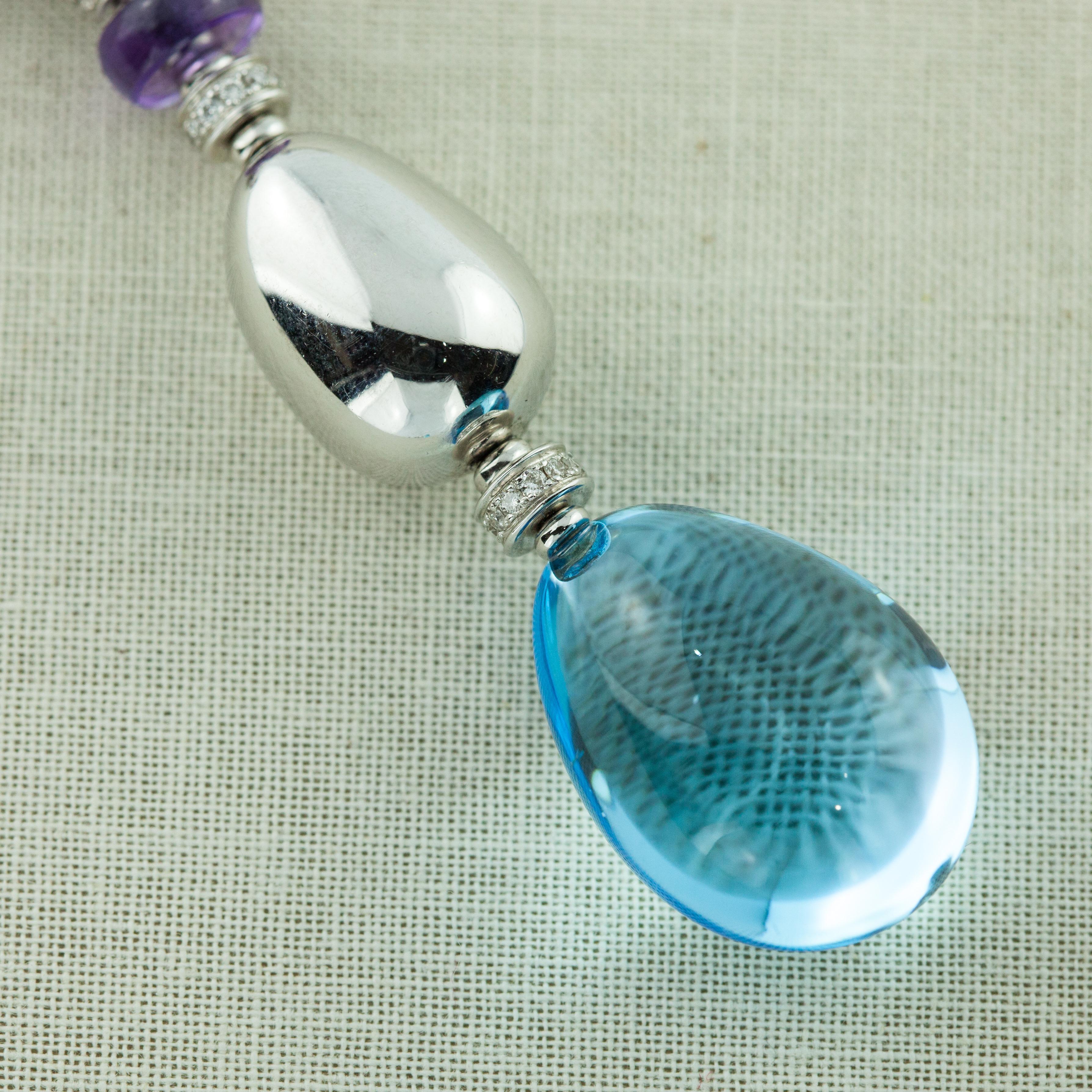 BULGARI Mediterranean Eden 18K WG Diamond Topaz Drop Pendant Necklace In Excellent Condition For Sale In New York, NY