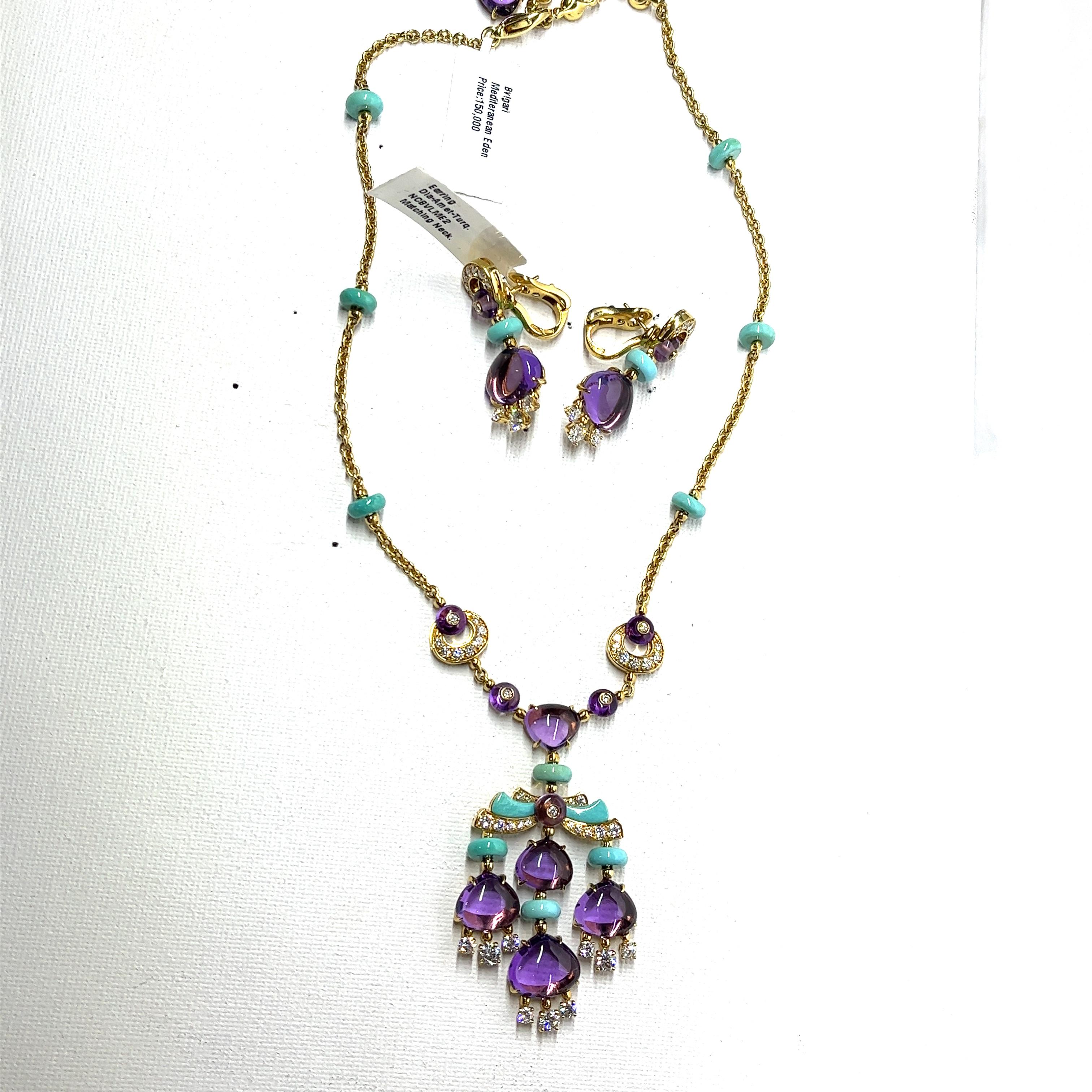 Bulgari Mediterranean Eden Diamond Amethyst & Turquoise Necklace with Earrings 8