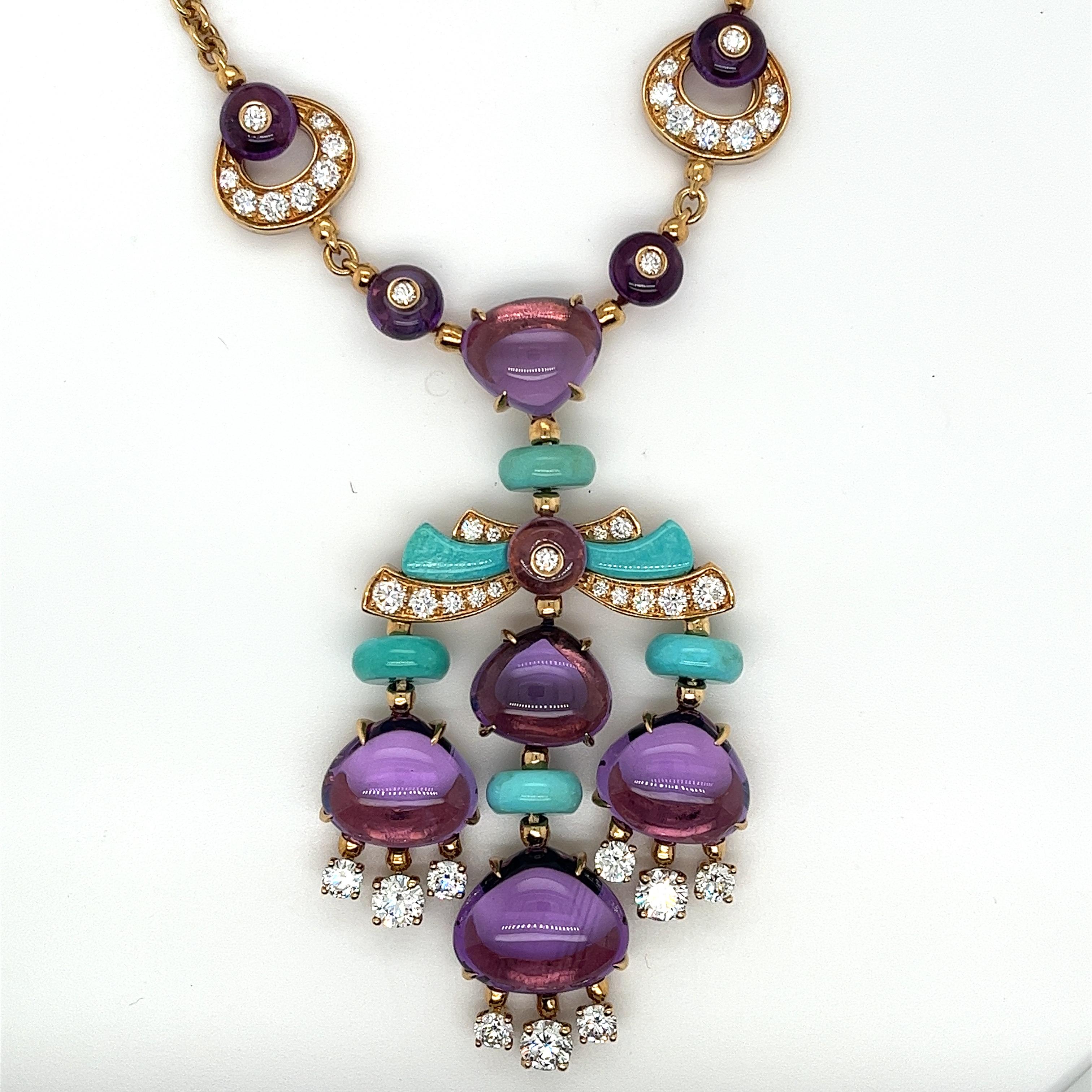 Bulgari Mediterranean Eden Diamond Amethyst & Turquoise Necklace with Earrings In Excellent Condition In Miami, FL