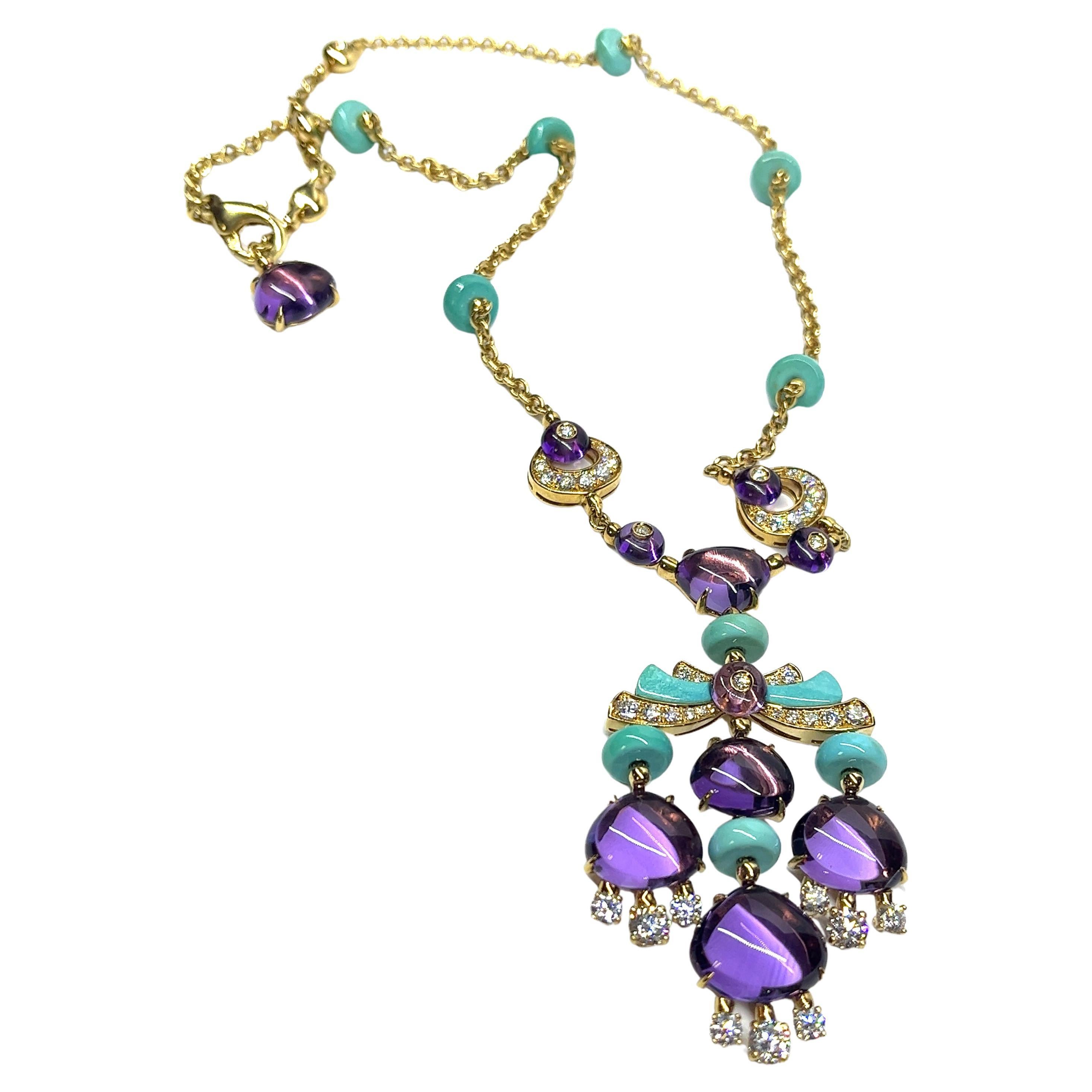 Bulgari Mediterranean Eden Diamond Amethyst & Turquoise Necklace with Earrings