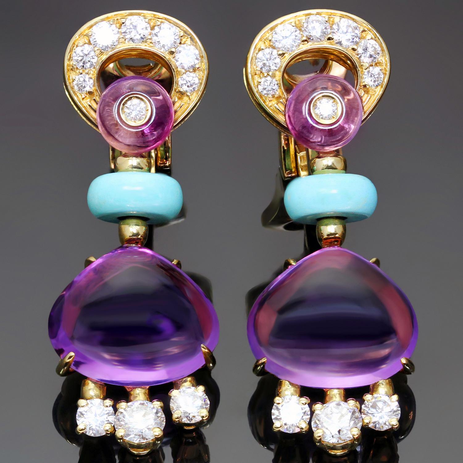 These splending earrings from Bulgari's vibrant Mediterranean Eden collection are crafted in 18k yellow gold and beautifully set with cabochon amethyst, turquoise, and brilliant-cut round E-F VVS1-VVS2 diamonds weighing an estimated 1.12 carats.