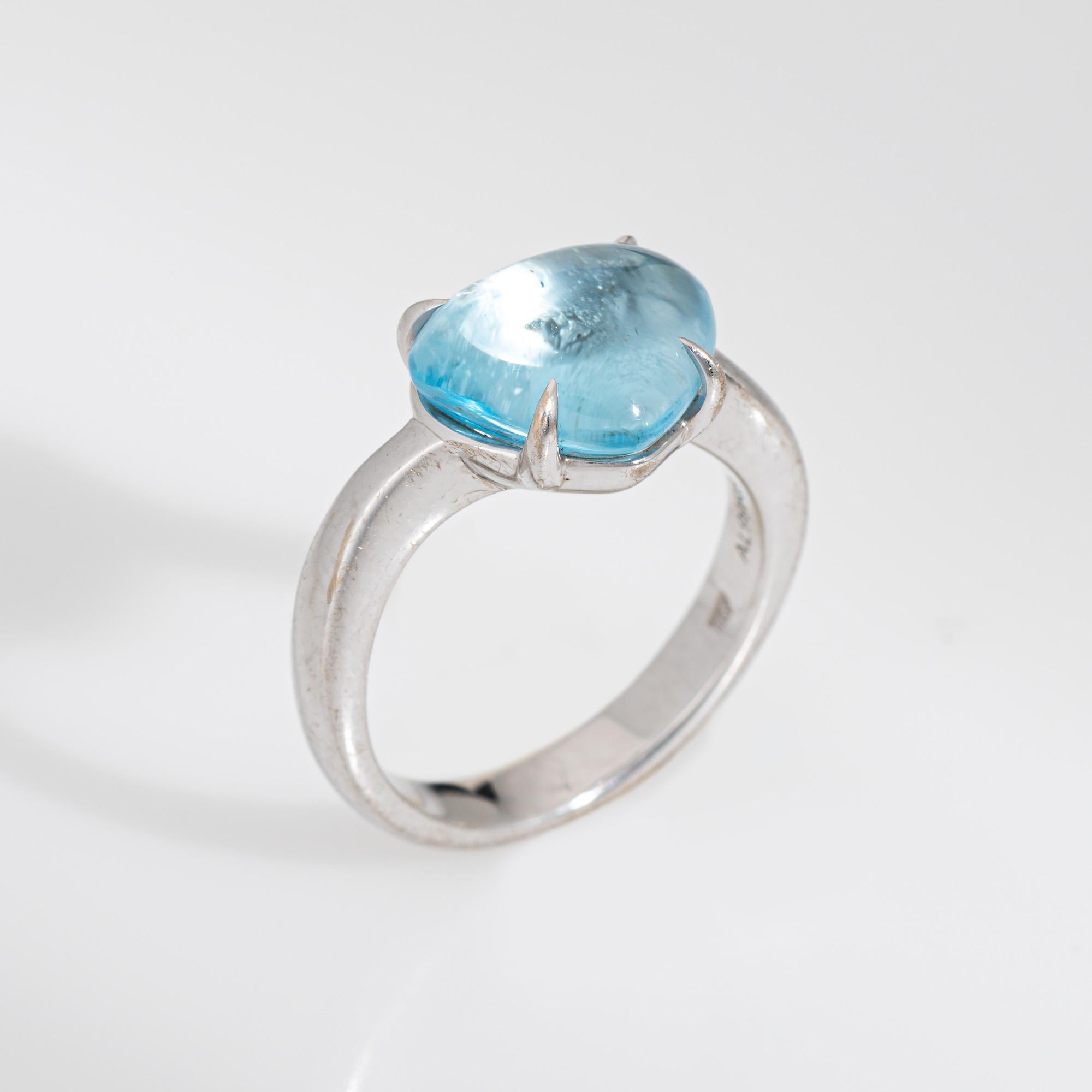 Pre-owned Bulgari Mediterranean Eden blue topaz ring crafted in 18k white gold.  

Blue topaz measures 11mm x 9.5mm (in very good condition and free of cracks or chips). 

Set with vibrant cabochon cut blue topaz the ring evokes the essence of the