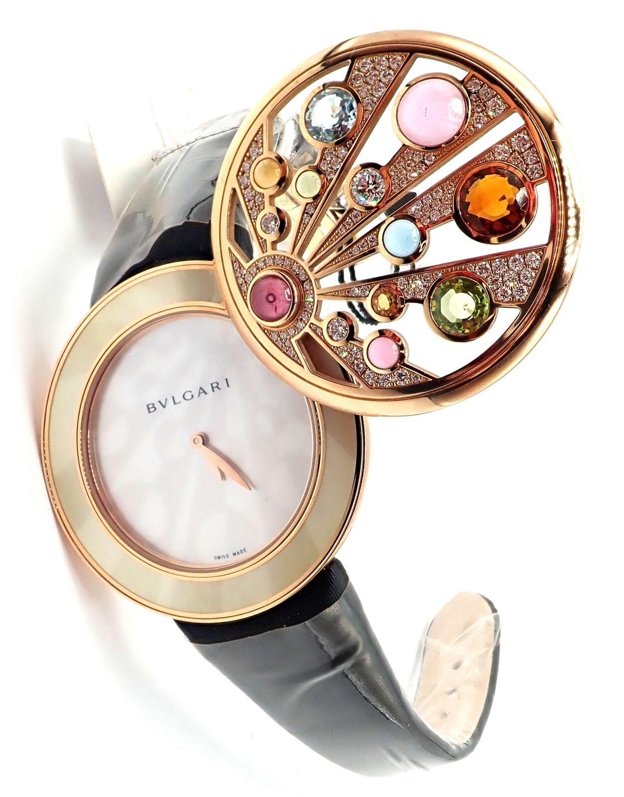 18k Rose Gold  Diamond, Amethyst, Tourmaline, Citrine, Peridot and Topaz and Mother Of Pearl Secret Mediterranian Eden Watch by Bulgari.
Mediterranean Eden : originality and refinement for a « mysterious » jewellery watch.
Mediterranean Eden belongs