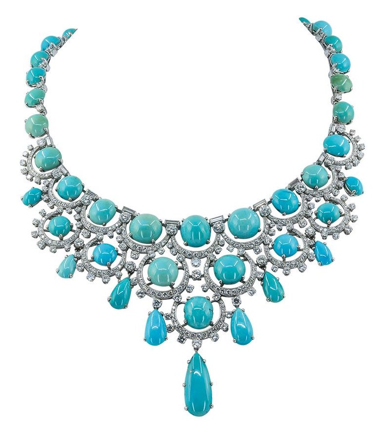 Bulgari Rome Diamond Turquoise Platinum Necklace And Earrings Bib Suite For  Sale at 1stDibs