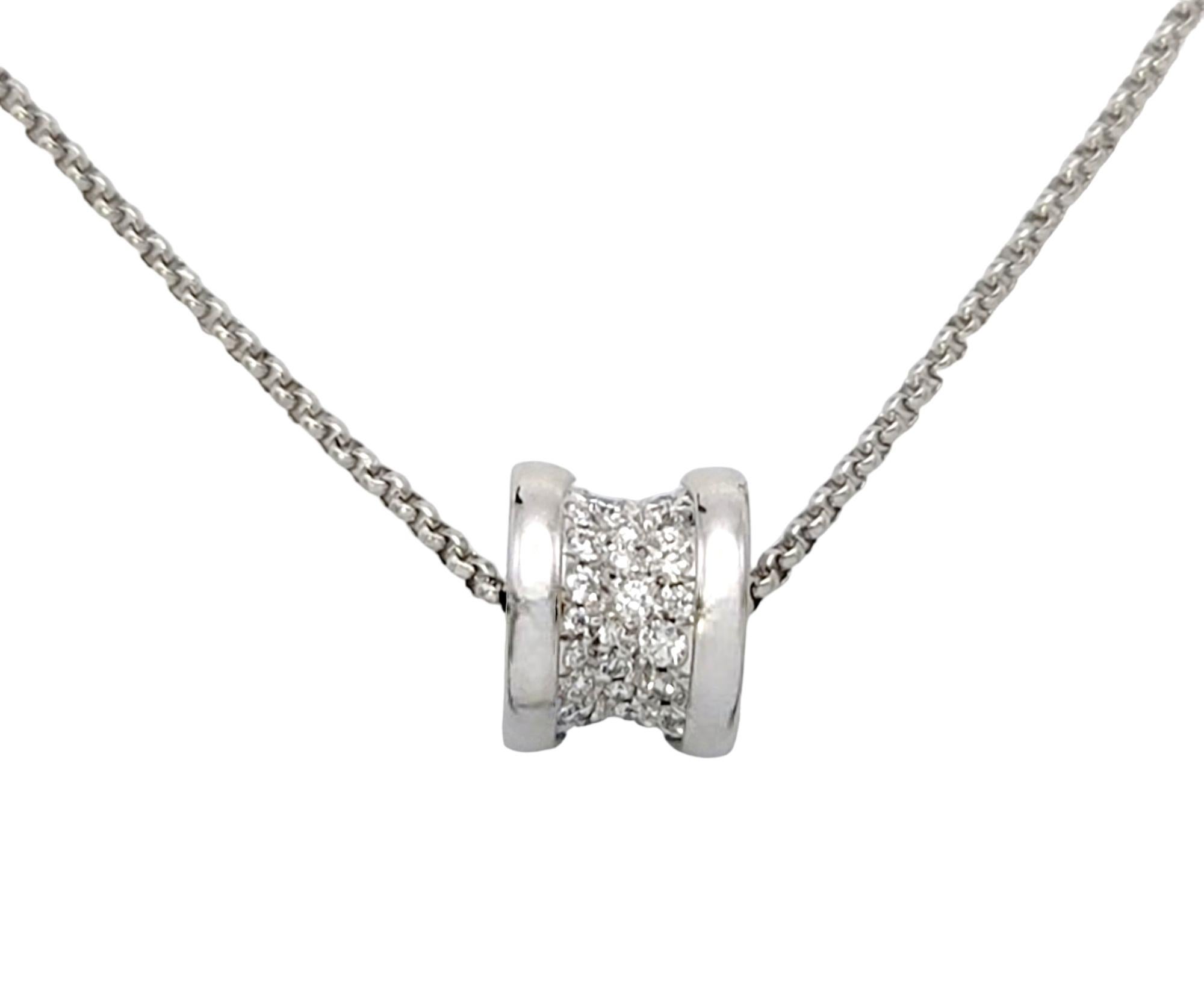 Lovely contemporary diamond pendant necklace by renowned designer, Bulgari. Bulgari is an Italian high-end luxury fashion house founded in 1884 and known for its jewelry, watches, fragrances, accessories, and leather goods.

This beautiful necklace
