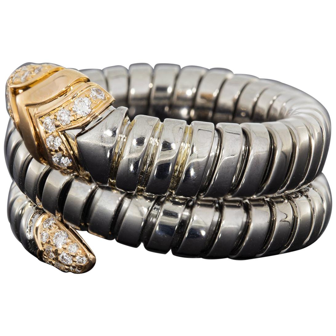Bulgari Serpenti Tubogas Mixed Metals 0.20 Carat Diamond Wrap Snake Ladies Ring