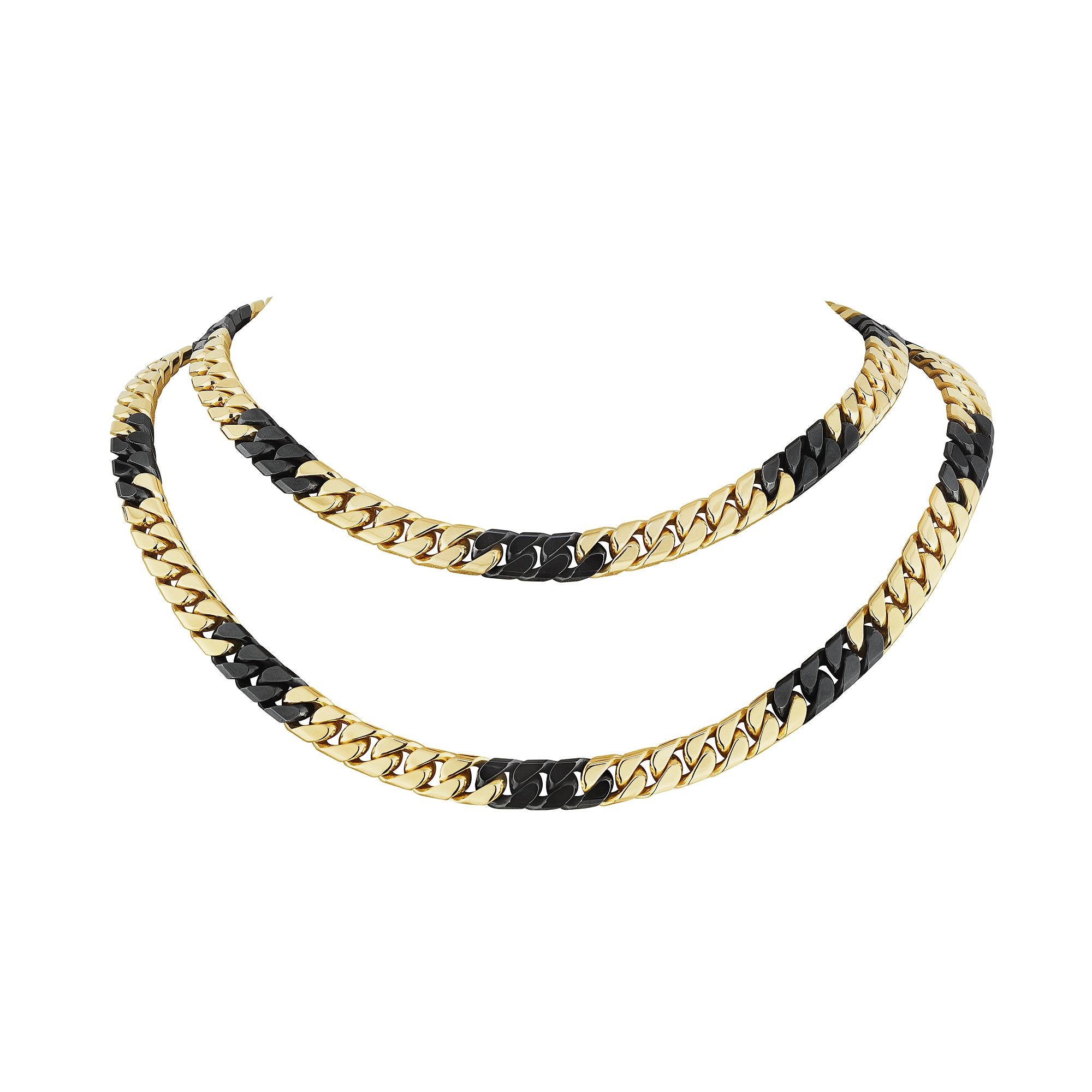 Everyone needs a bit of steel and you will have more than enough when wearing this Bulgari modernist necklace.  With 18 karat yellow gold curb links, interspersed with 16 blackened steel sections, this necklace can be worn long, doubled, or as two
