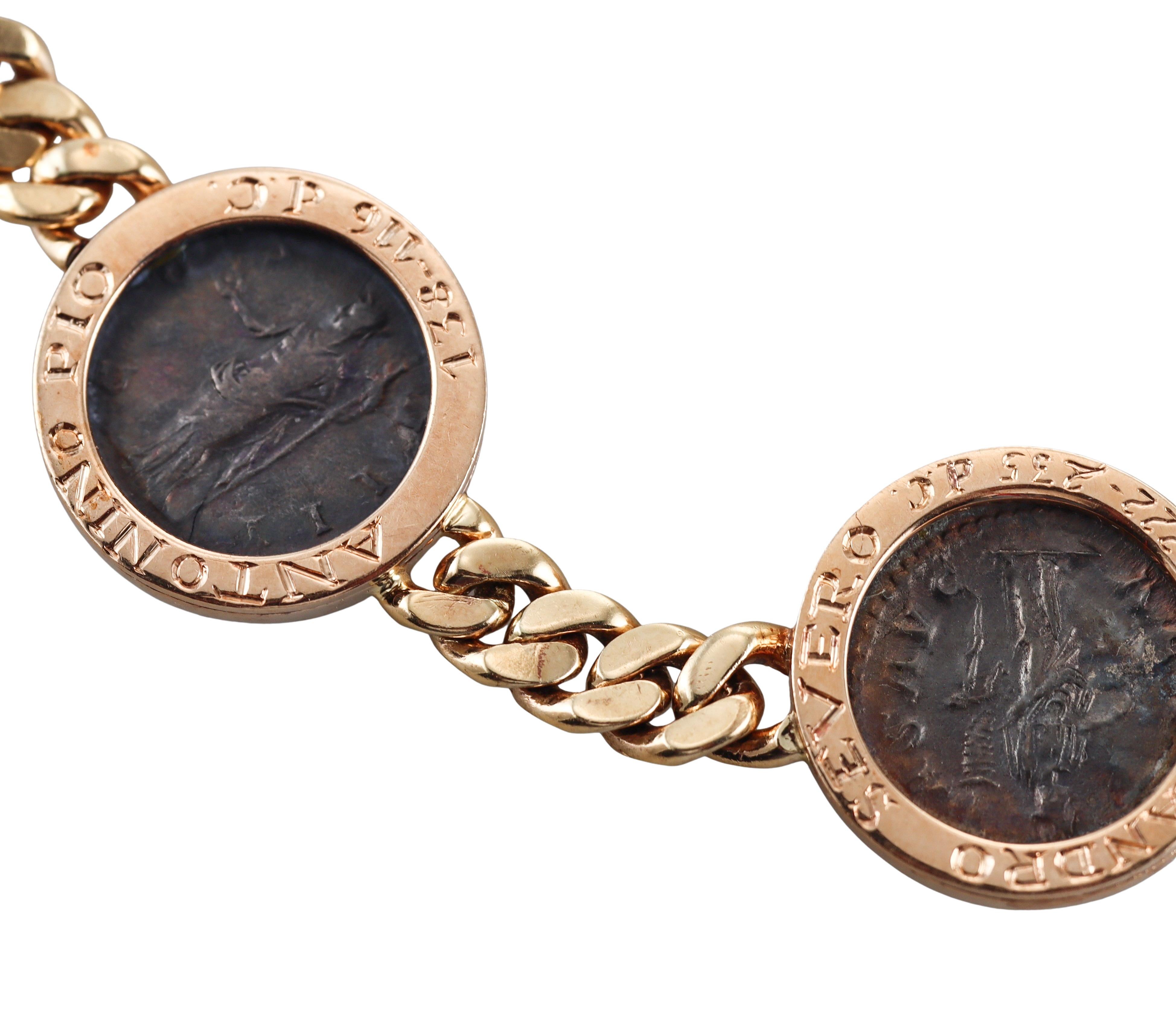 Bulgari Collier Monete 7 pièces anciennes en or rose et diamants en vente 4