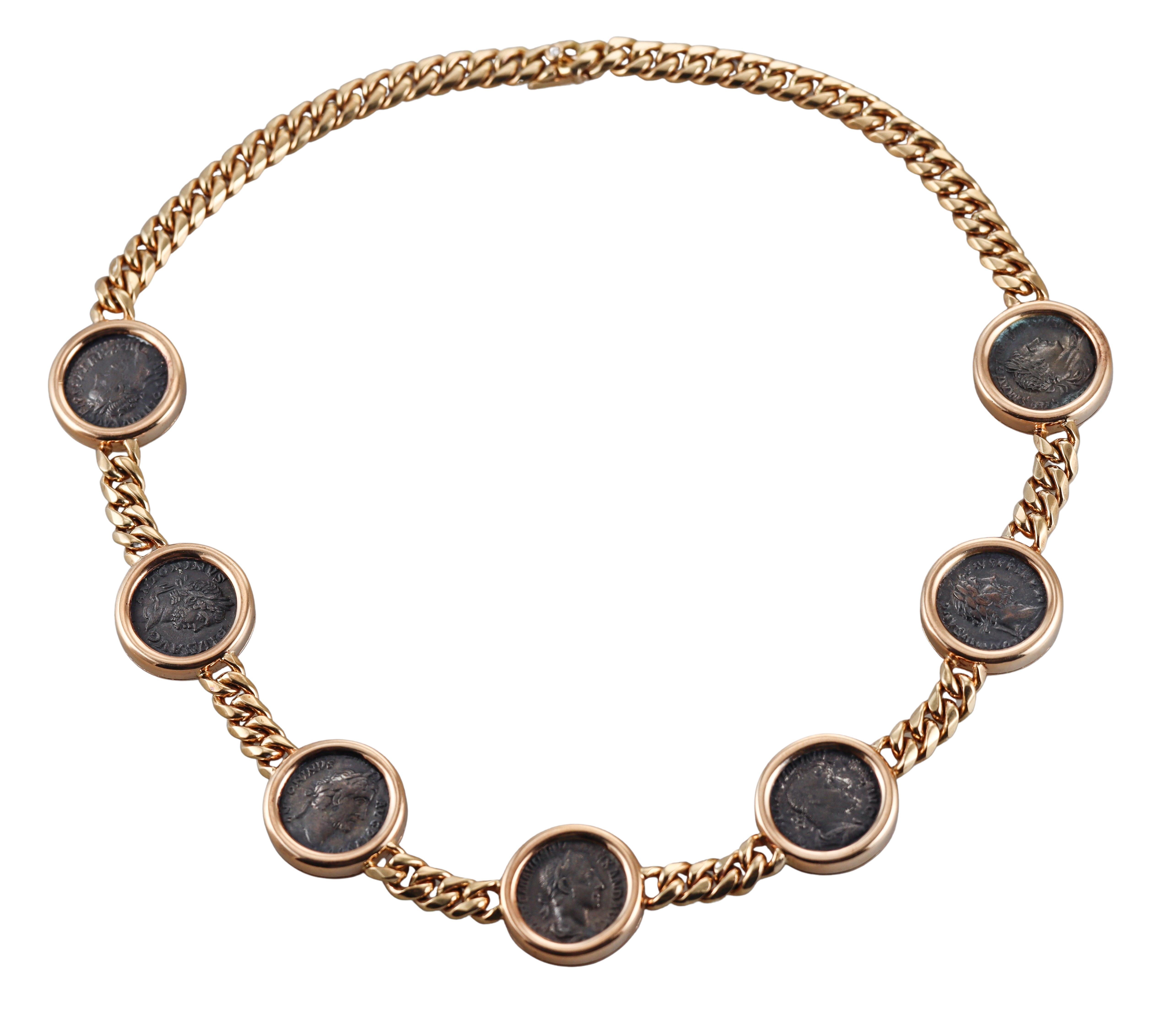Bulgari Monete Halskette aus Roségold mit 7 antiken Münzen und Diamanten