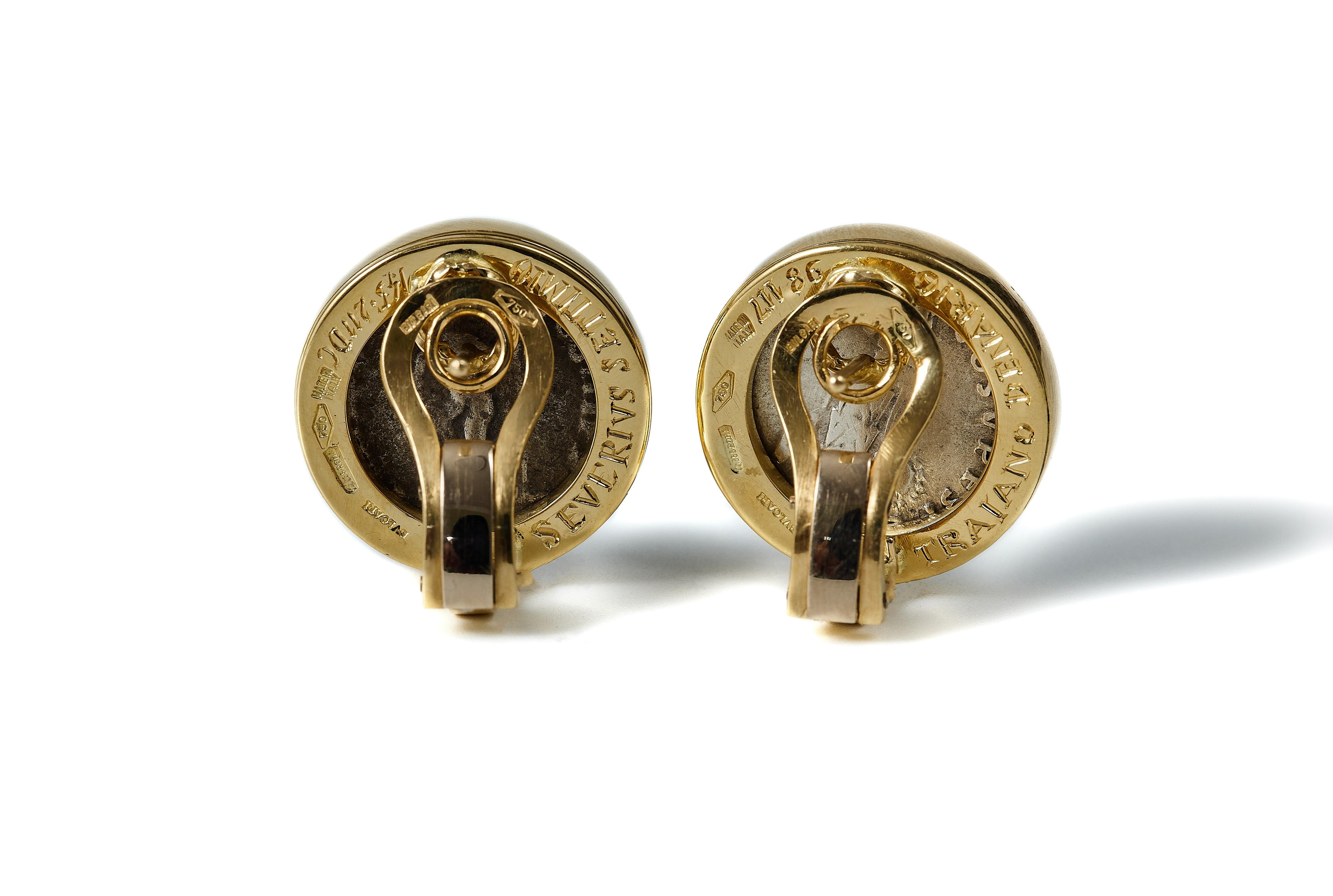 Women's Bulgari monete ancient coin 18k gold earrings.