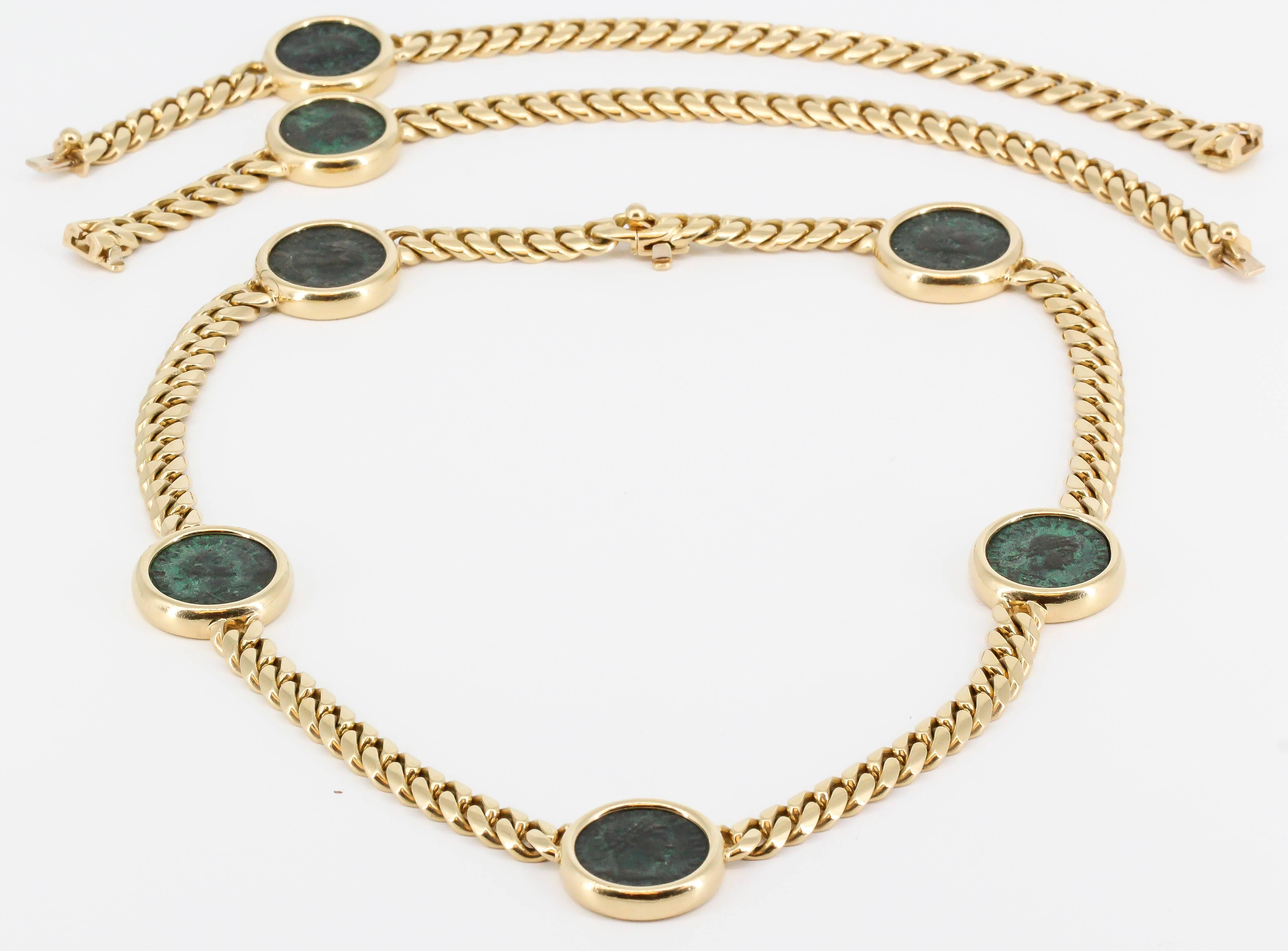Women's or Men's BULGARI MONETE Ancient Coin 18K Yellow Gold Link Necklace Bracelet Combination