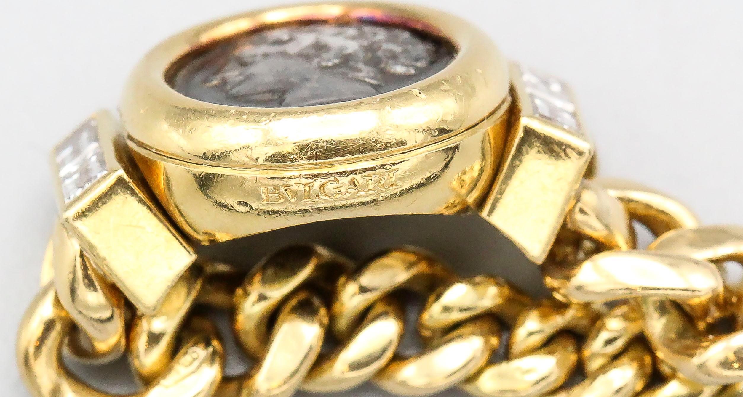 Baguette Cut Bulgari Monete Ancient Coin Diamond 18 Karat Gold Flexible Ring