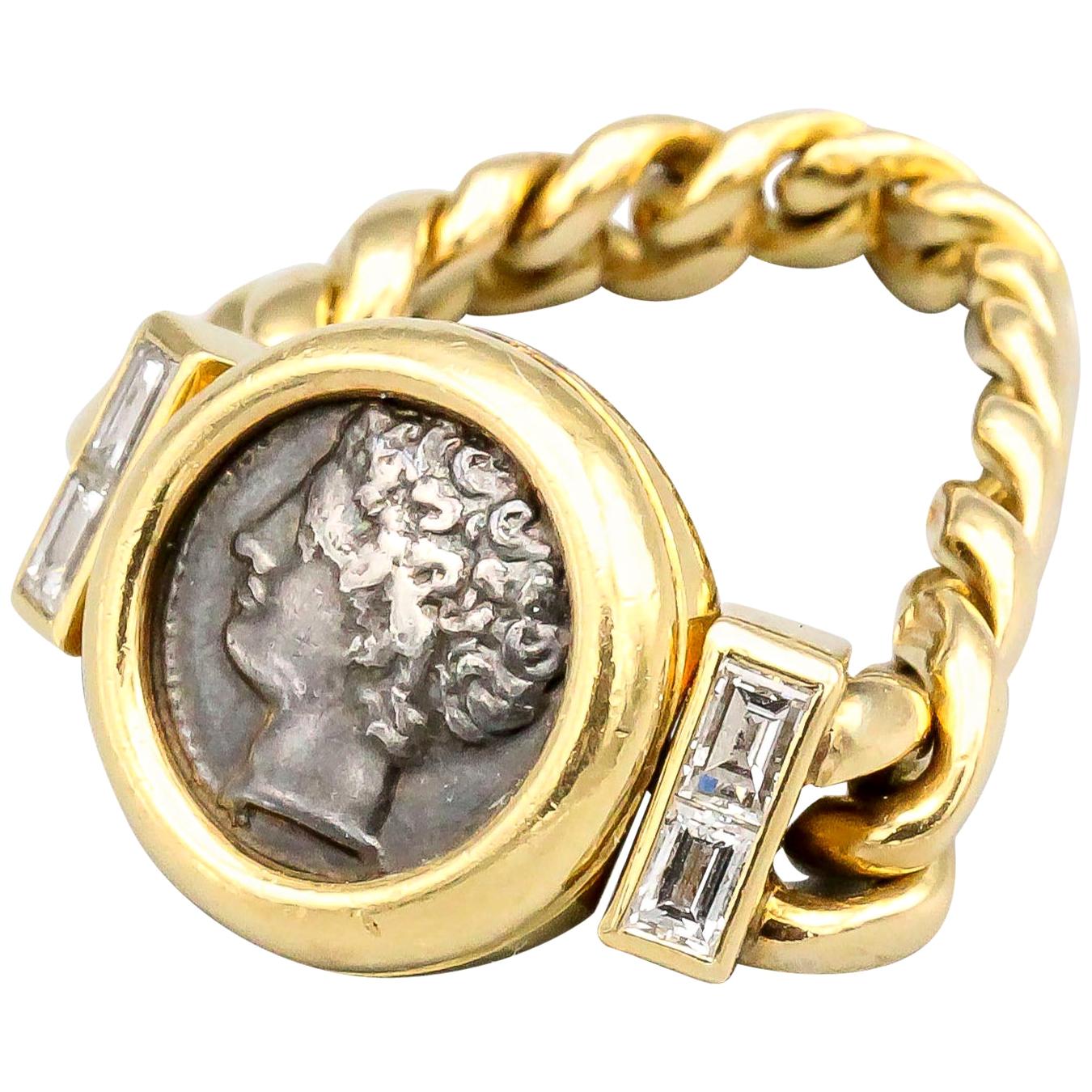 Bulgari Monete Ancient Coin Diamond 18 Karat Gold Flexible Ring
