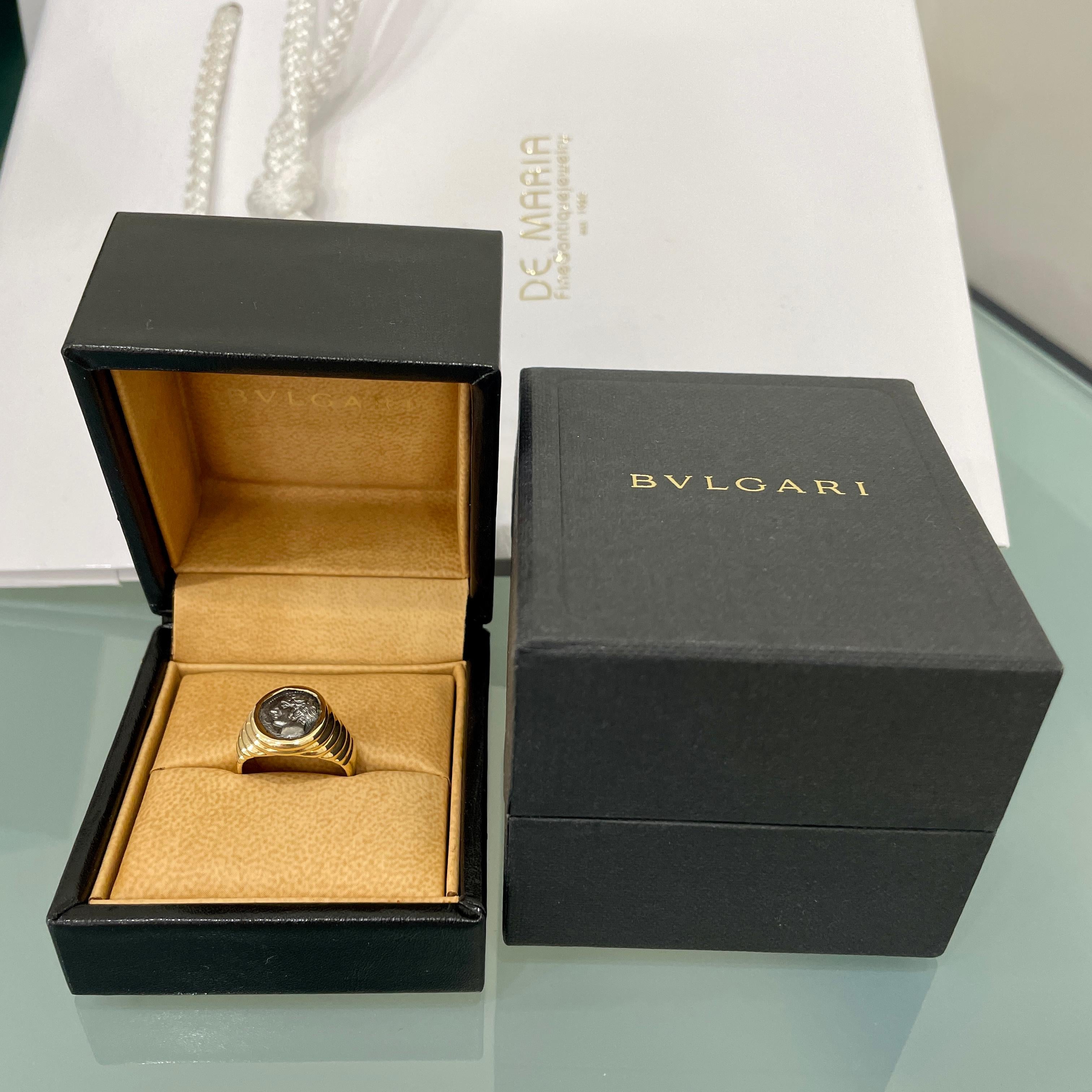 Bulgari Monete Ancient Silver Coin Gold Bold Ring For Sale 1