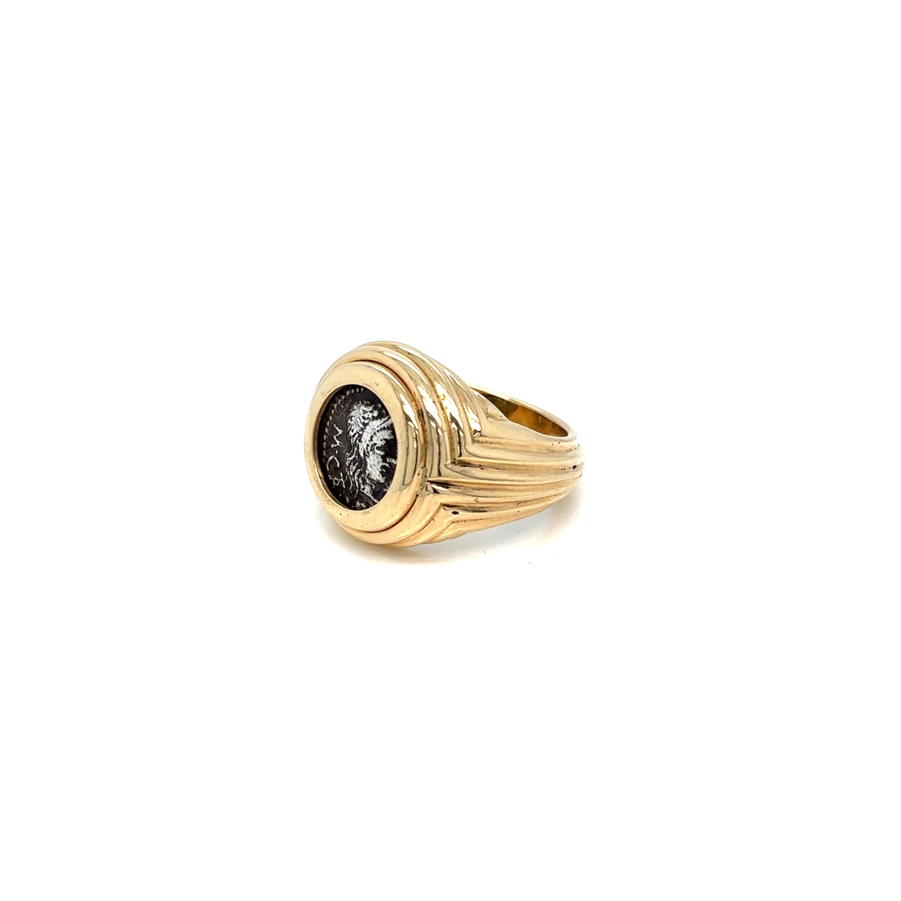 Bulgari Monete Ancient Silver M. Porcius Cato, Quinario, Roma, 89 a.C. Gold Ring For Sale 3