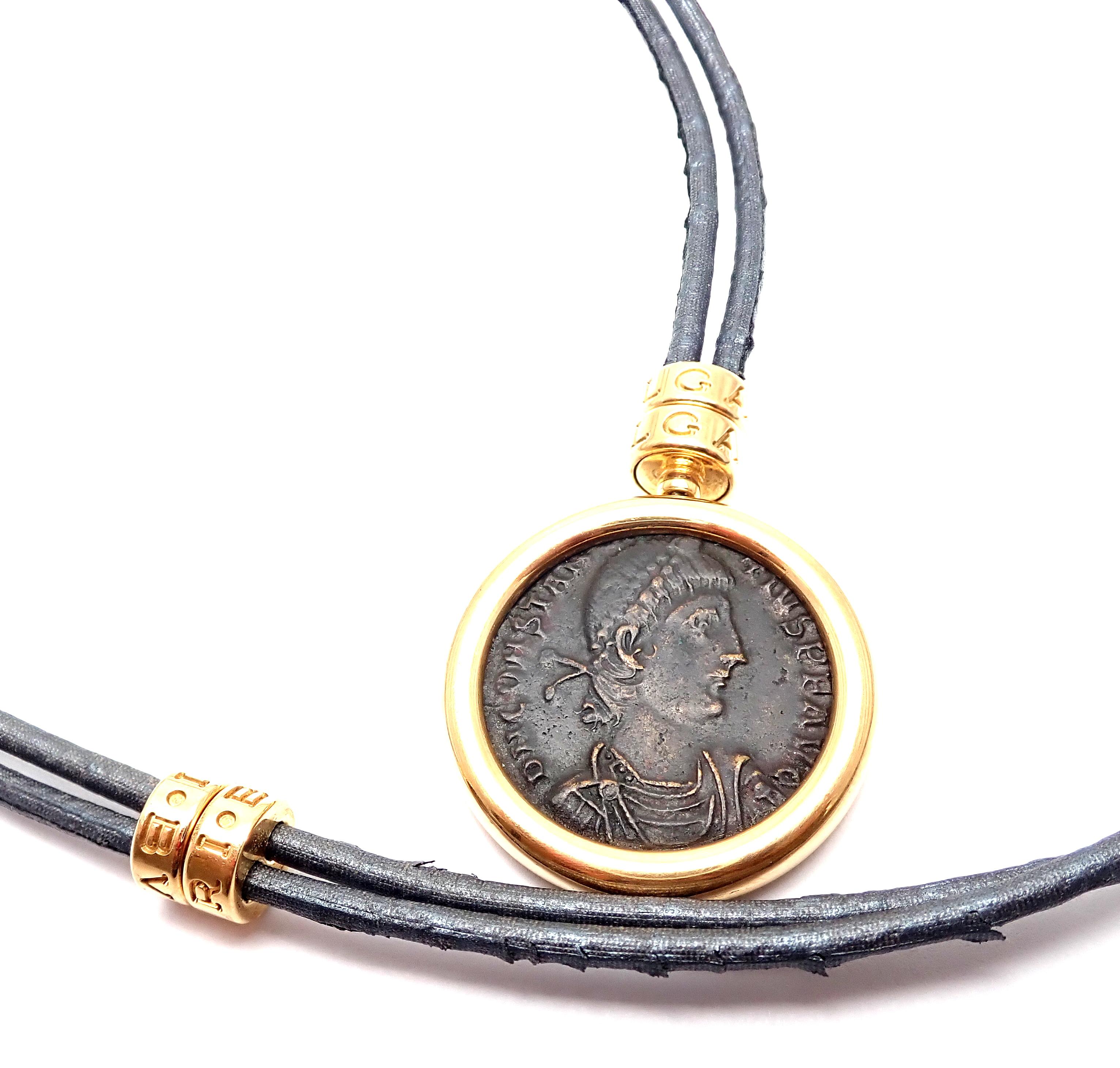 18k yellow gold ancient Roman coin black lace pendant necklace by Bulgari.
With 1 Thessalonica - Constantivus II AUG. A.D. 337-361
Details:
Chain Length: 27