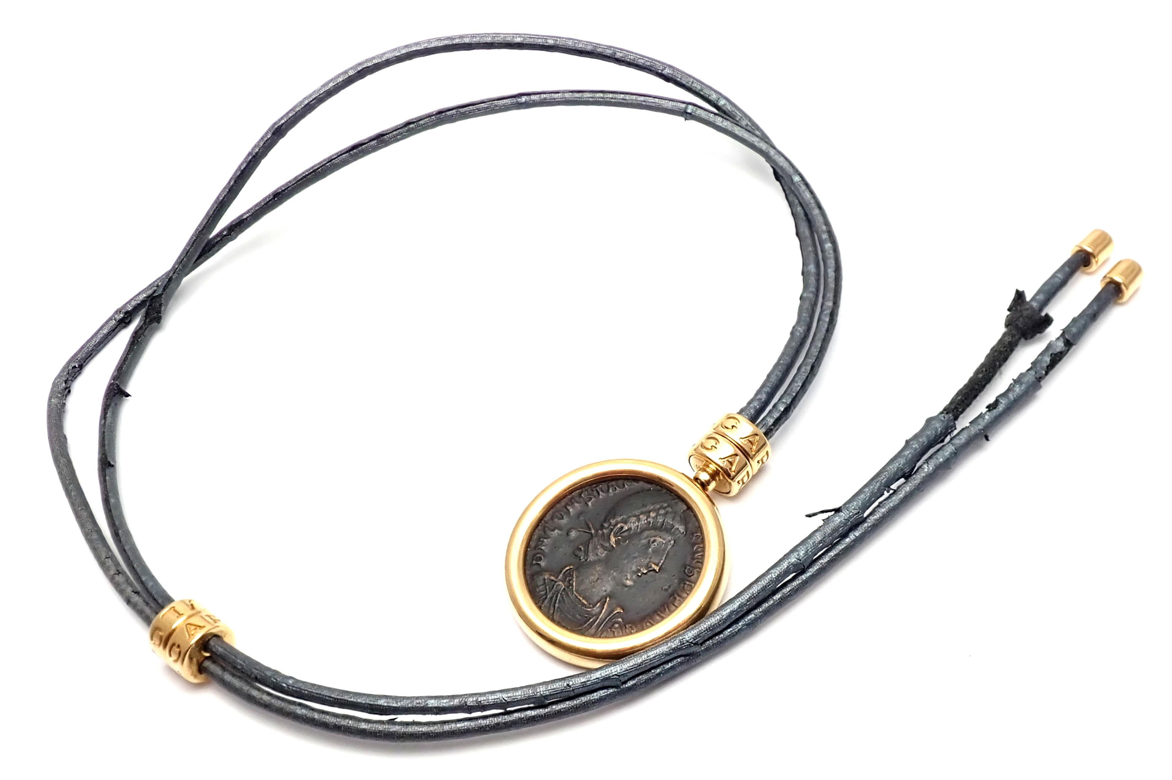 Women's or Men's Bulgari Monete Coin Black Lace Yellow Gold Pendant Necklace