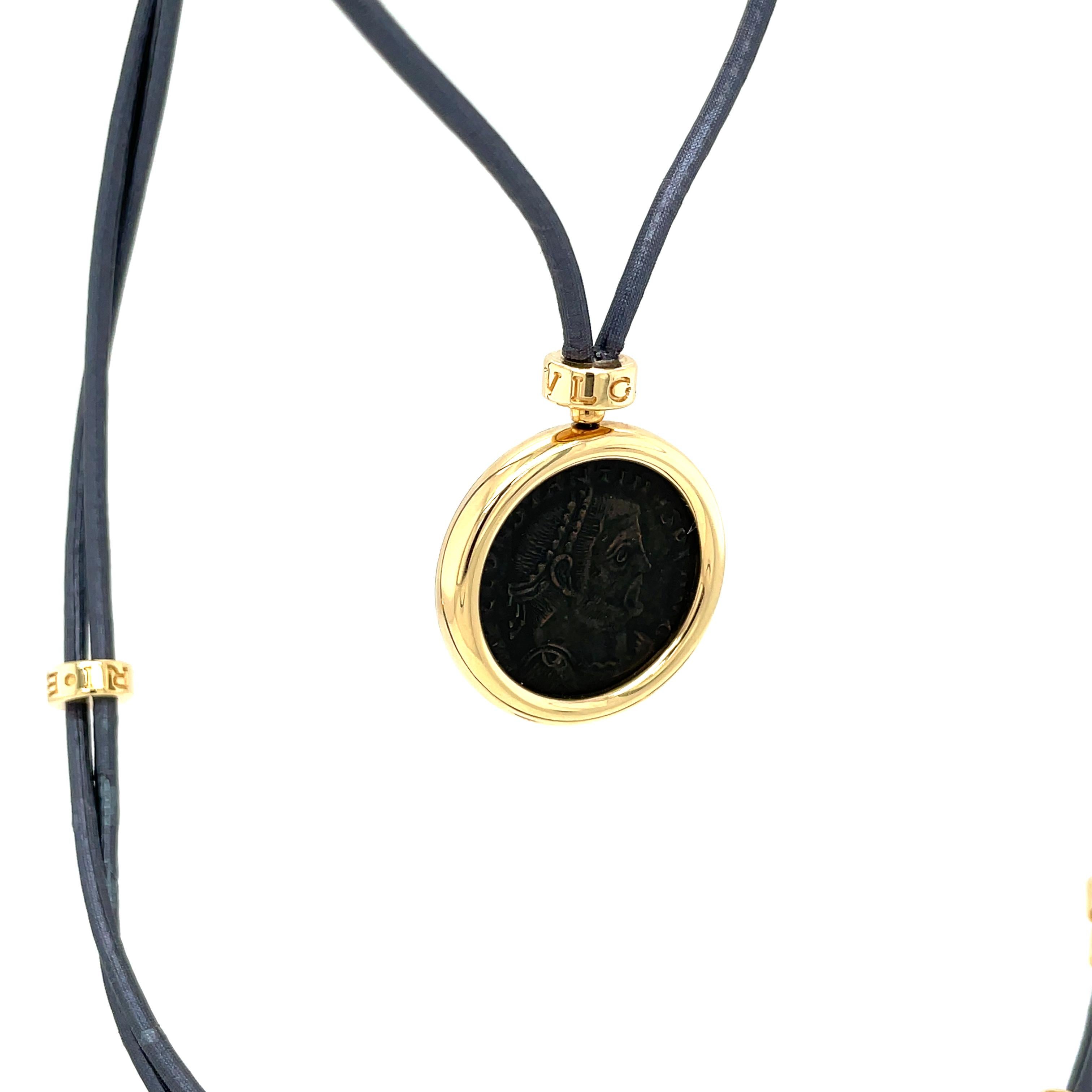Women's Bulgari Monete Constantinus Coin Black Lace Yellow Gold Pendant Necklace For Sale