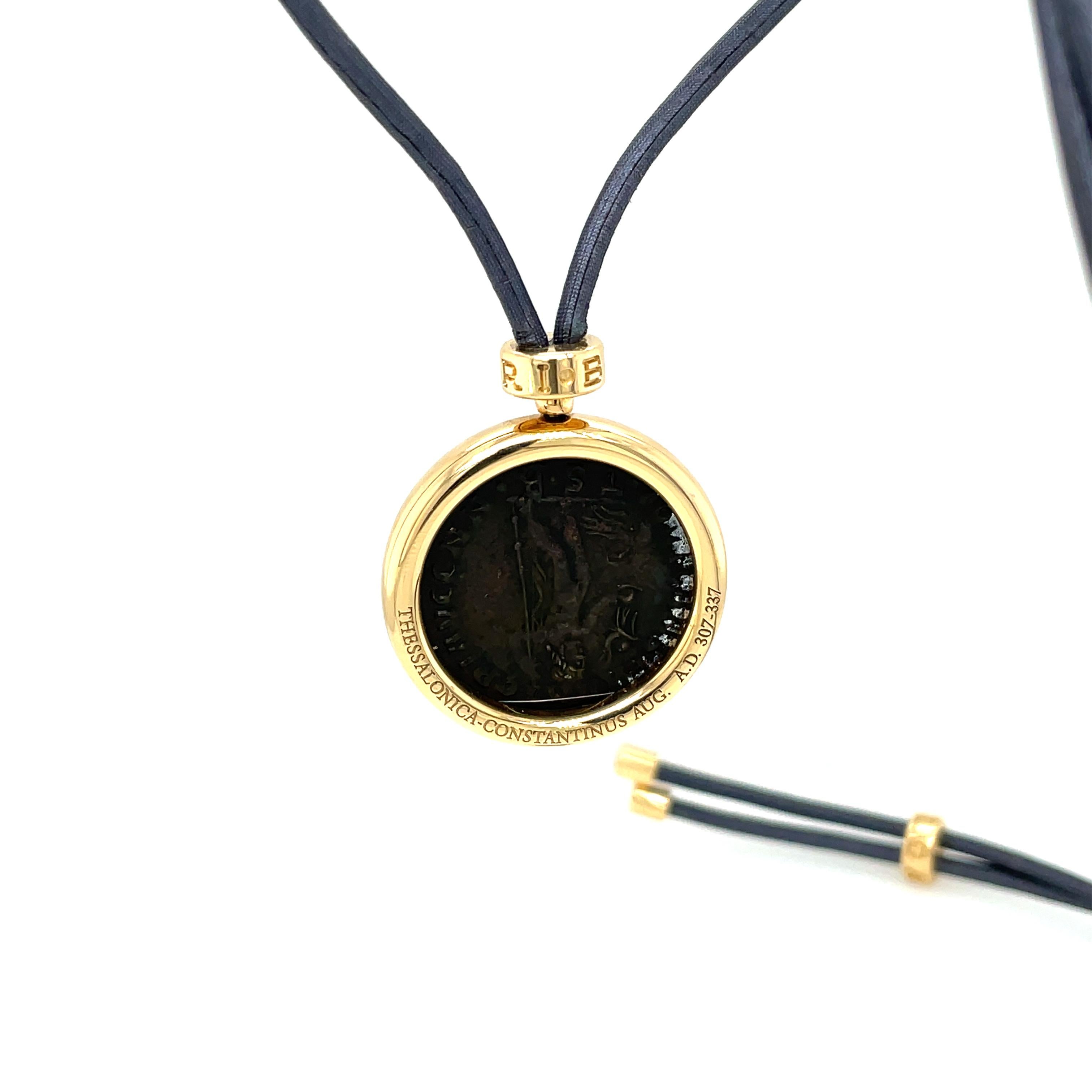 Bulgari Monete Constantinus Coin Black Lace Yellow Gold Pendant Necklace For Sale 2