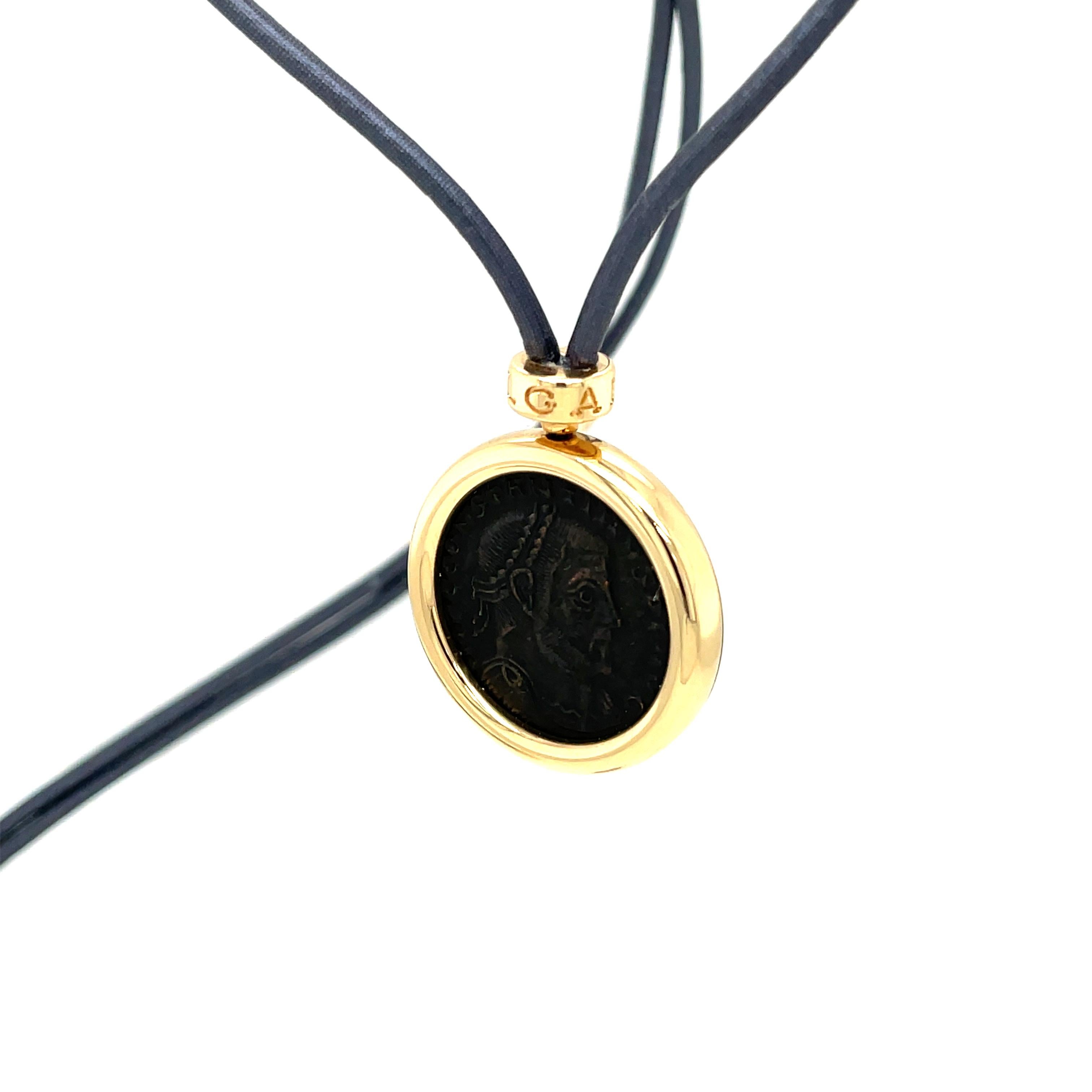 Bulgari Monete Constantinus Coin Black Lace Yellow Gold Pendant Necklace For Sale 4