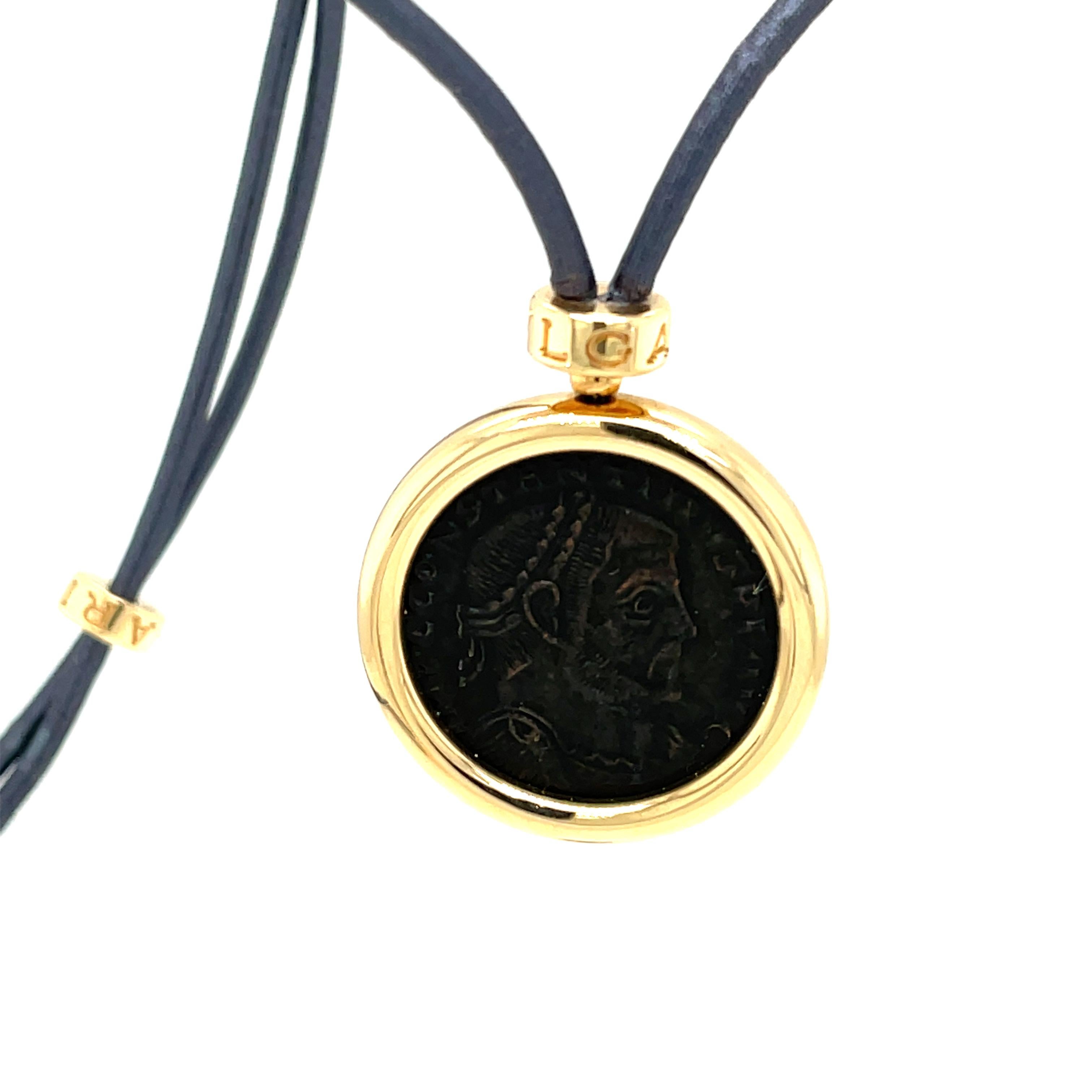 Bulgari Monete Constantinus Coin Black Lace Yellow Gold Pendant Necklace 4