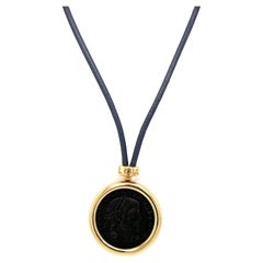 Bulgari Monete Constantinus Coin Black Lace Yellow Gold Pendant Necklace