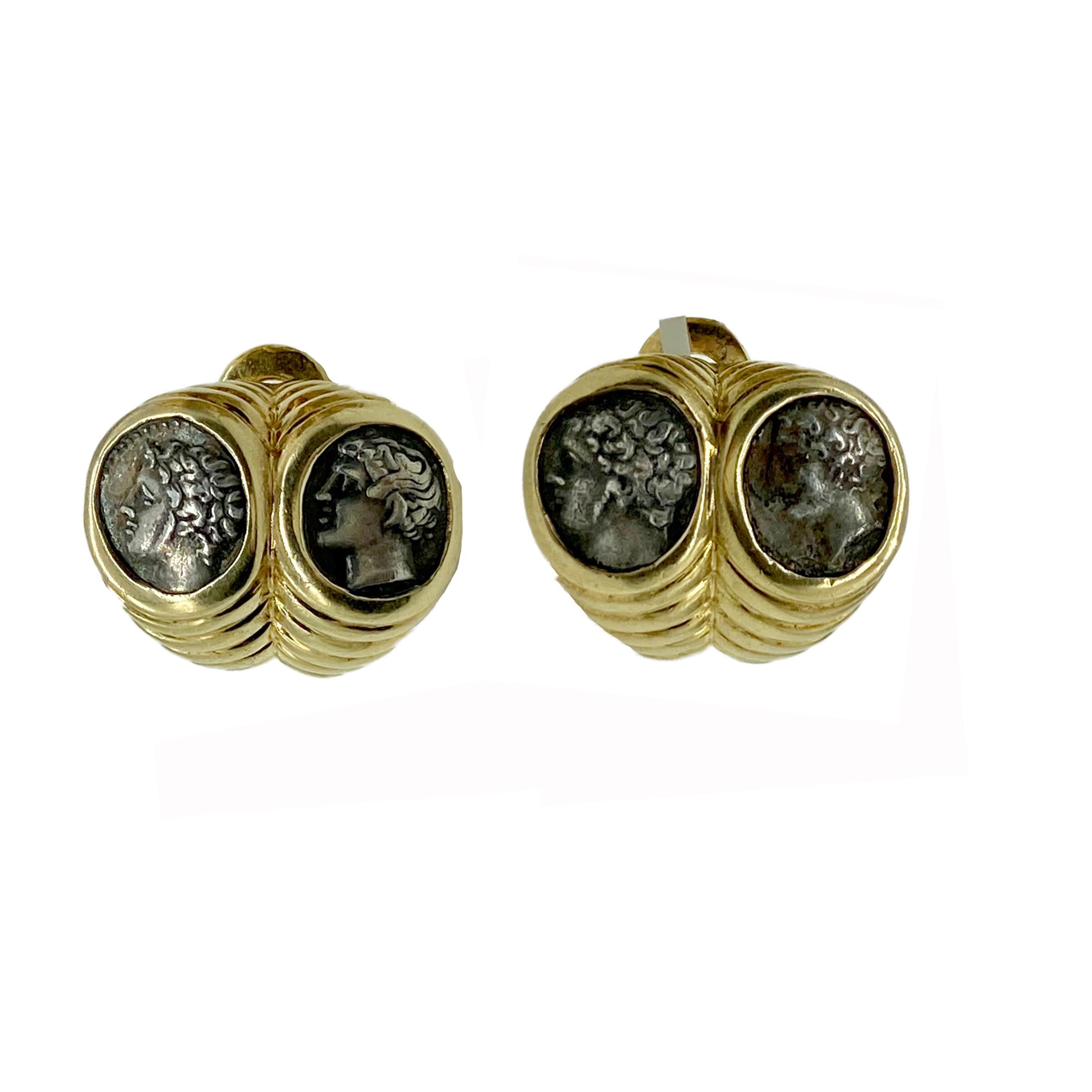 A chic pair of Bulgari Monete Ancient Greek coin earclips, the coins inscribed “Gallia Masilia”. Circa 1970s, Made in Italy, 18 karat yellow gold.