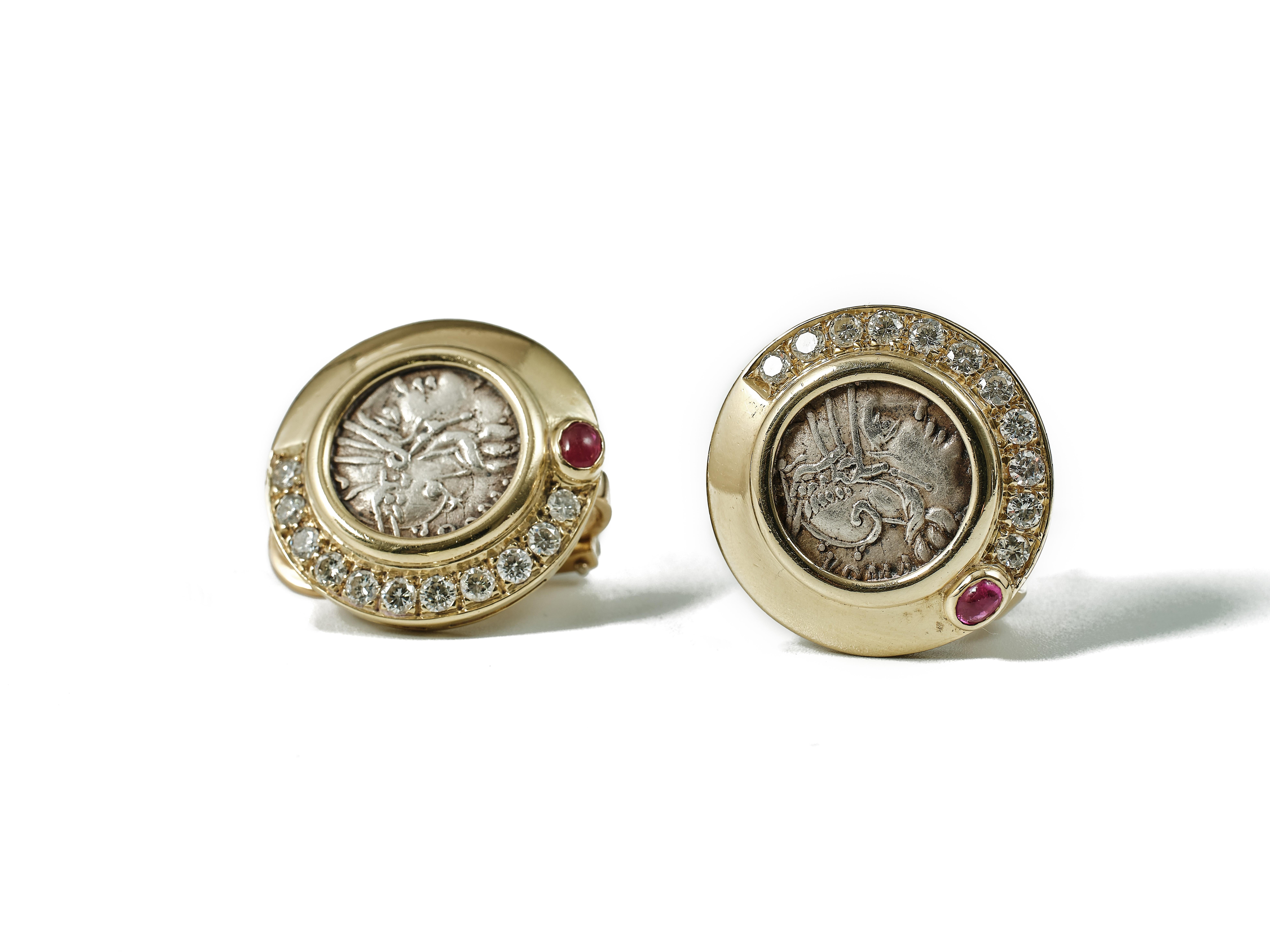 Brilliant Cut Bulgari Monete earrings: ancient silver coins, 18 kt gold, diamonds and rubies.