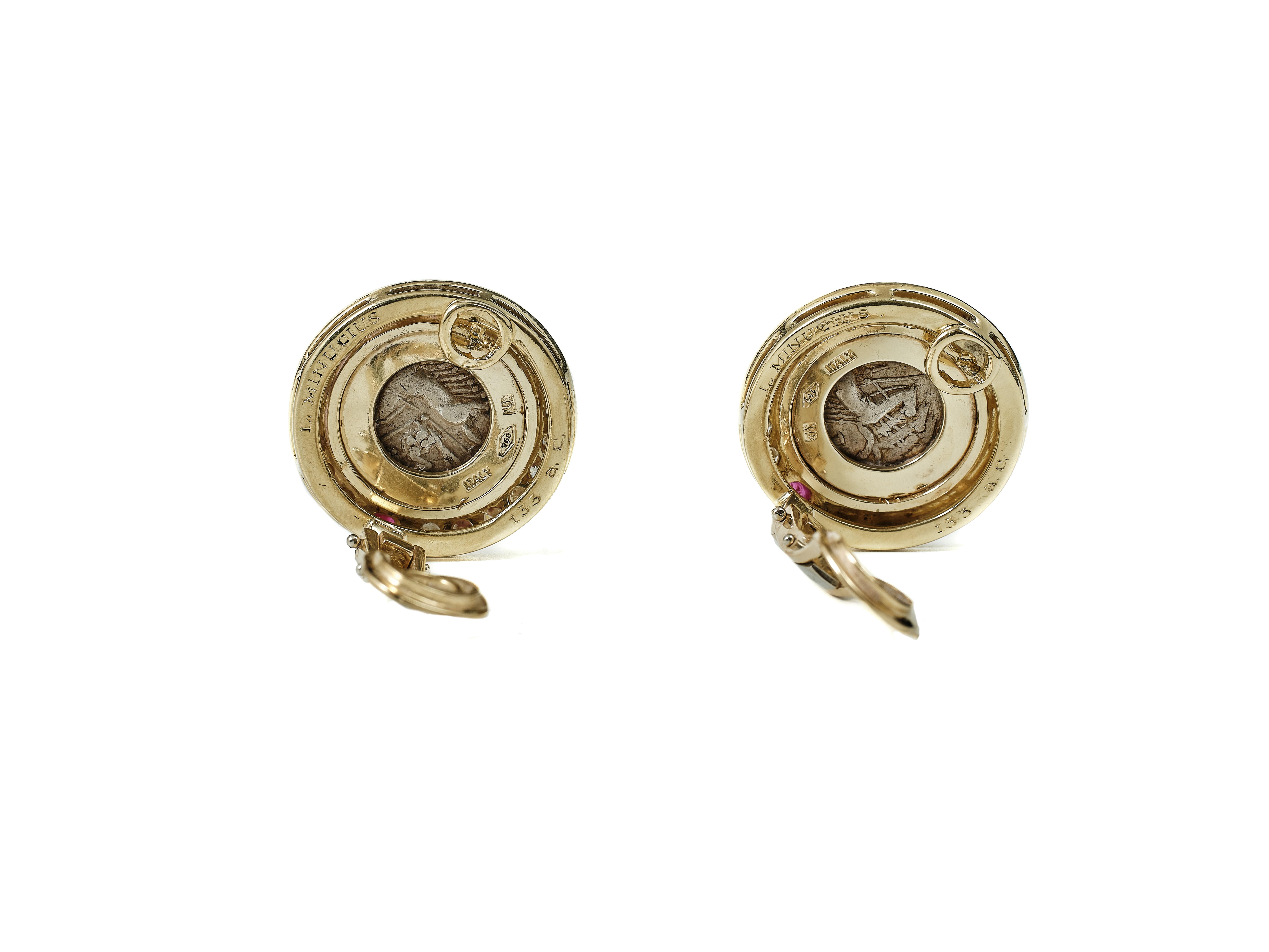 Bulgari Monete earrings: ancient silver coins, 18 kt gold, diamonds and rubies. In Good Condition In Malmö, Skåne län