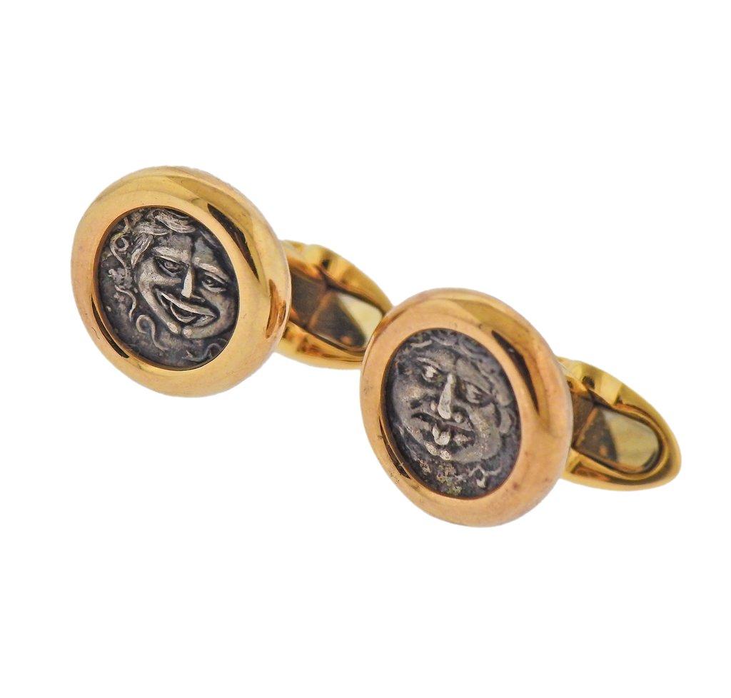 18k gold Monete cufflinks by Bvlgari, with Roman ancient coins. Cufflinks come in a box. Cufflinks are 15mm in diameter. Weight - 21.5 grams. Marked: made in Italy, 750, Bvlgari, Mysia-Parion, 4th cent. B.C.