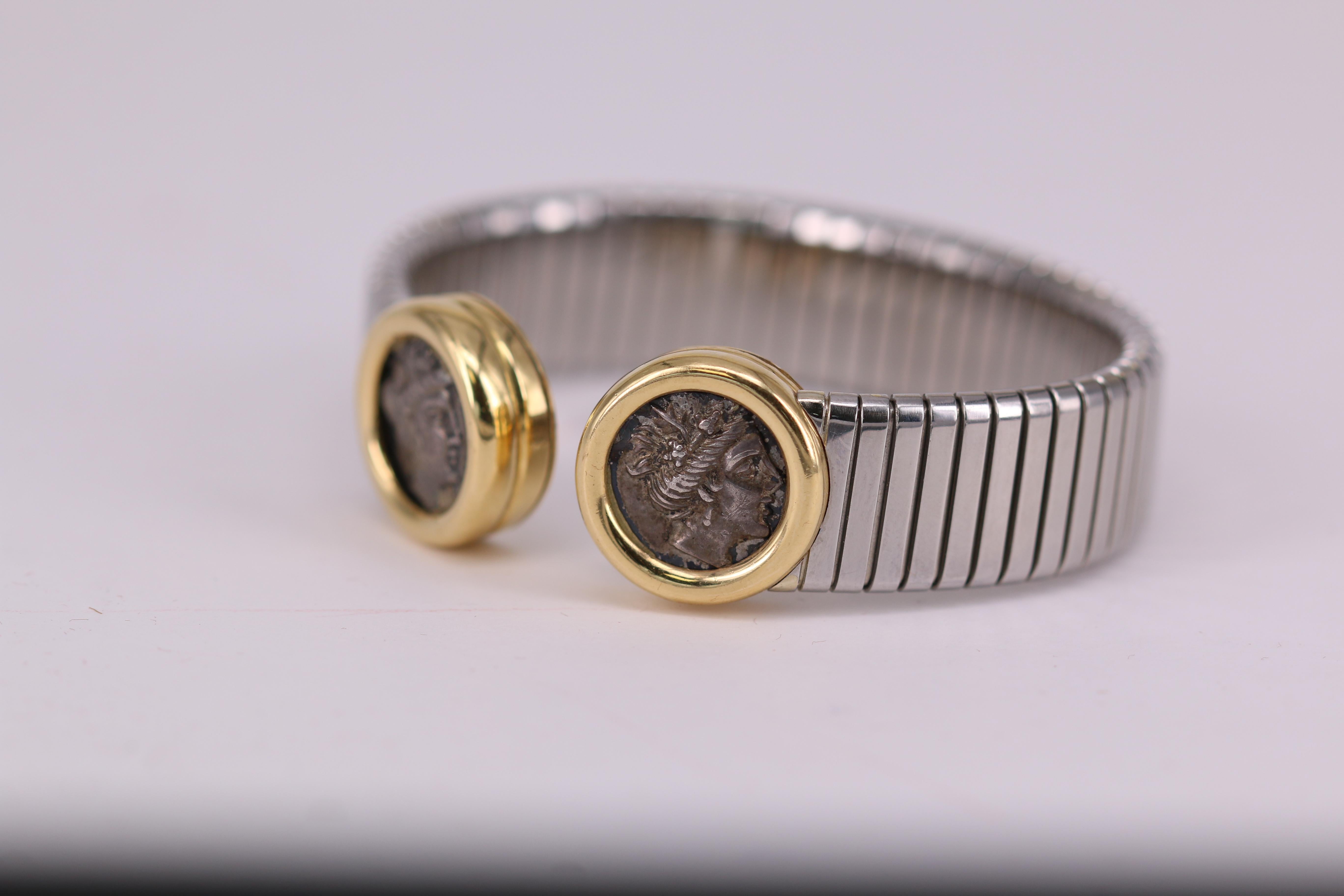 Bulgari Monete Gold, Steel and Ancient Coin Tubogas Bracelet Bangle In Excellent Condition In Banbury, GB