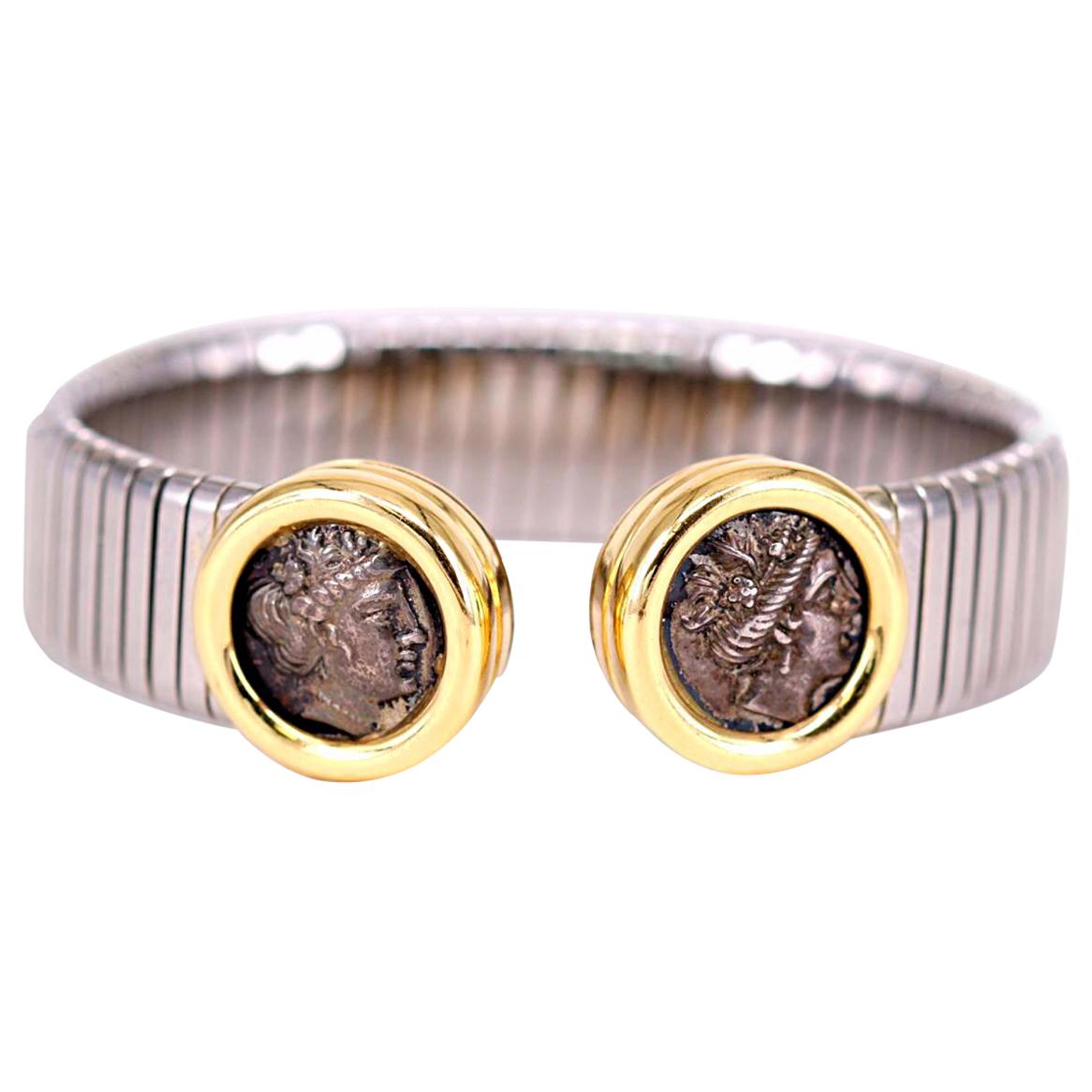 Bulgari Monete Gold, Steel and Ancient Coin Tubogas Bracelet Bangle